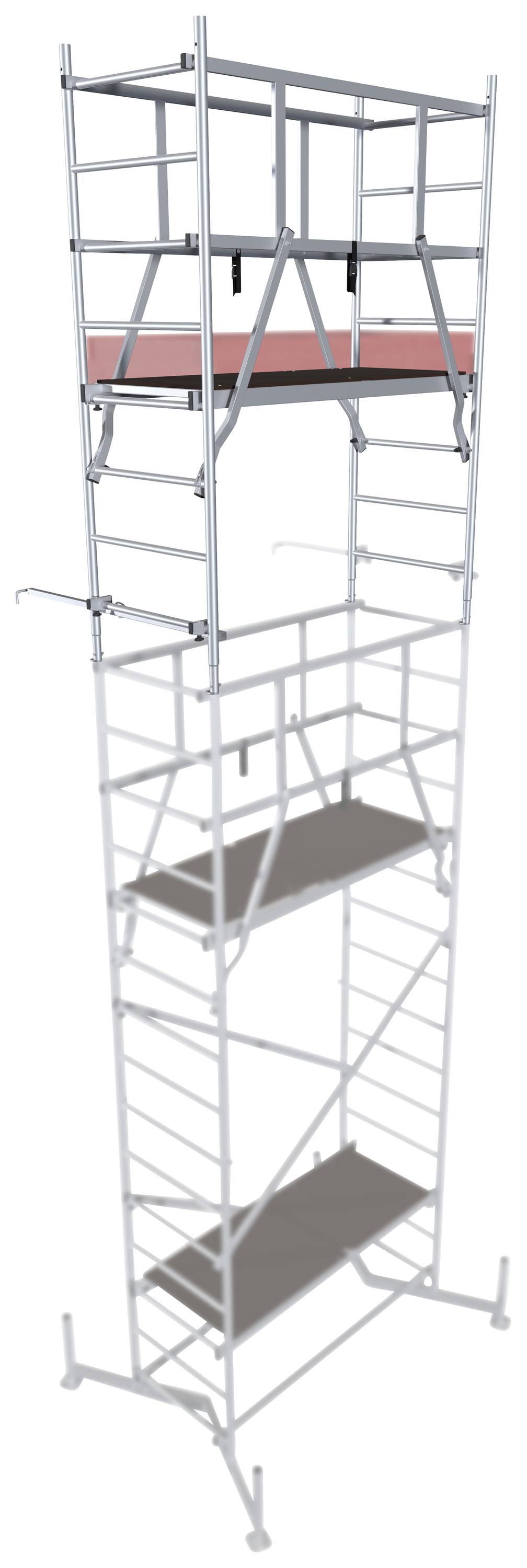 Un ponteggio multilivello con due piattaforme di lavoro posizionate a diverse altezze, idoneo per lavori in quota.