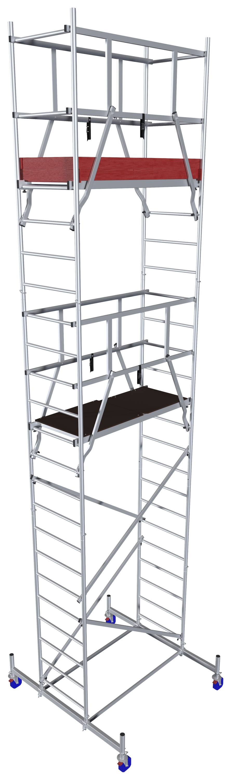 'Torre in alluminio con due piattaforme, tavole rosse e nere a diverse altezze, dotata di ruote blu per la mobilità.'