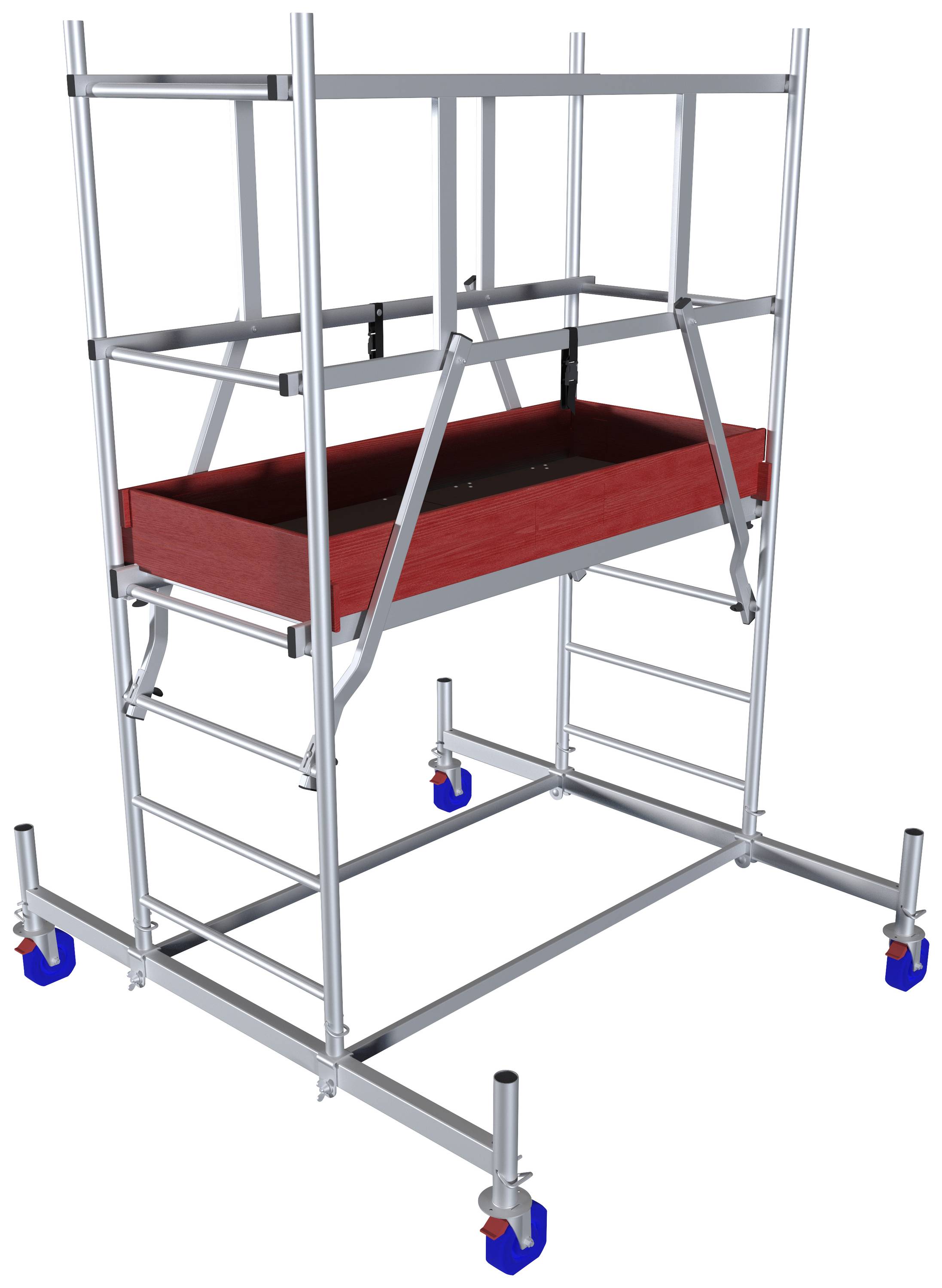 Un ponteggio mobile con una piattaforma rossa al centro. Poggia su ruote blu, ha scale su entrambi i lati ed è realizzato in metallo.