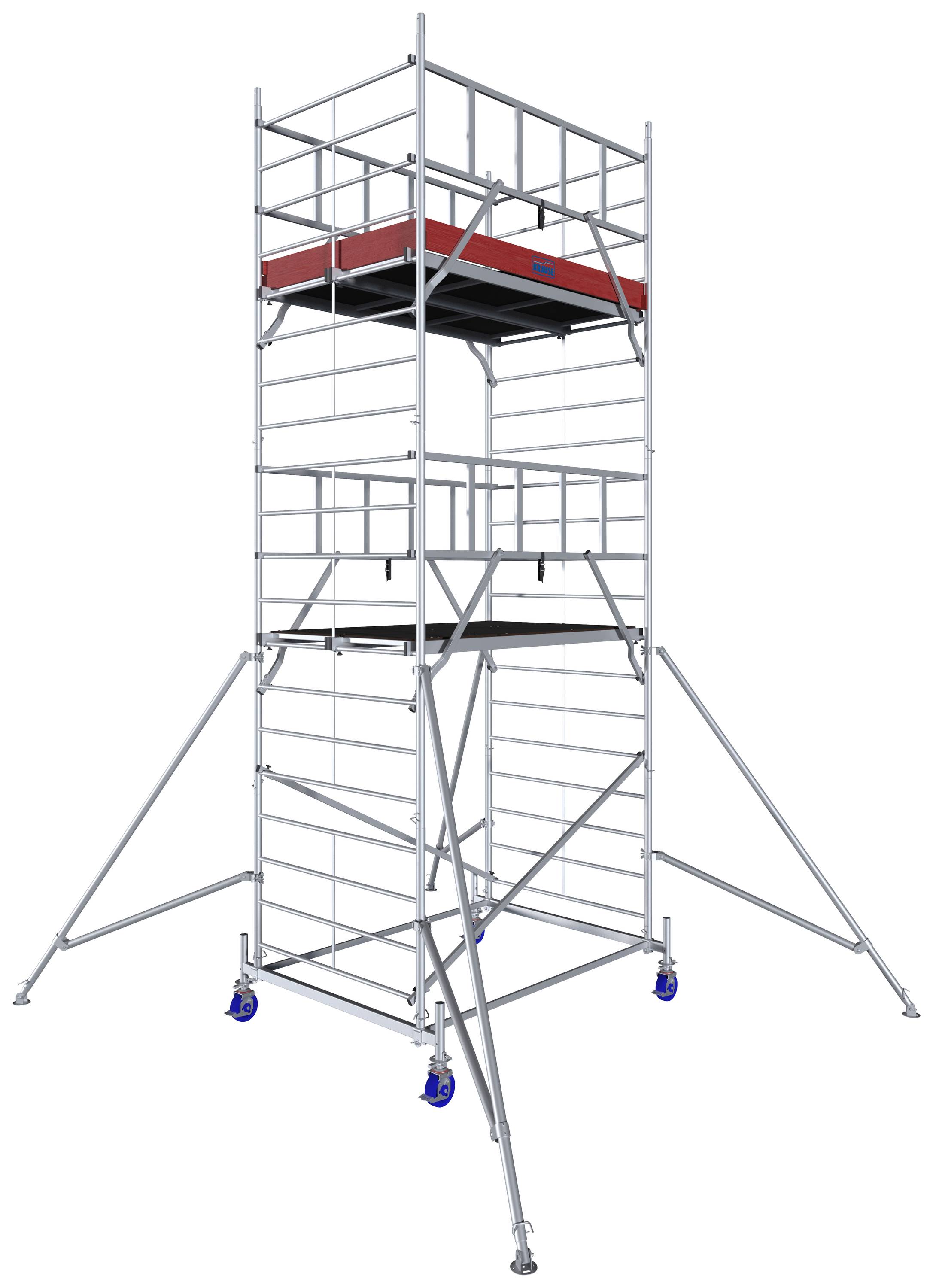 Un ponteggio mobile con quattro livelli e parapetti di sicurezza, supportato da quattro ruote. Piattaforma superiore in rosso.