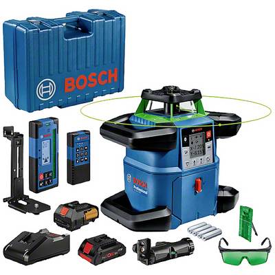 L'immagine mostra un set di utensili Bosch con un valigia blu, un livello laser, un telecomando, caricabatterie, batterie e occhiali protettivi.