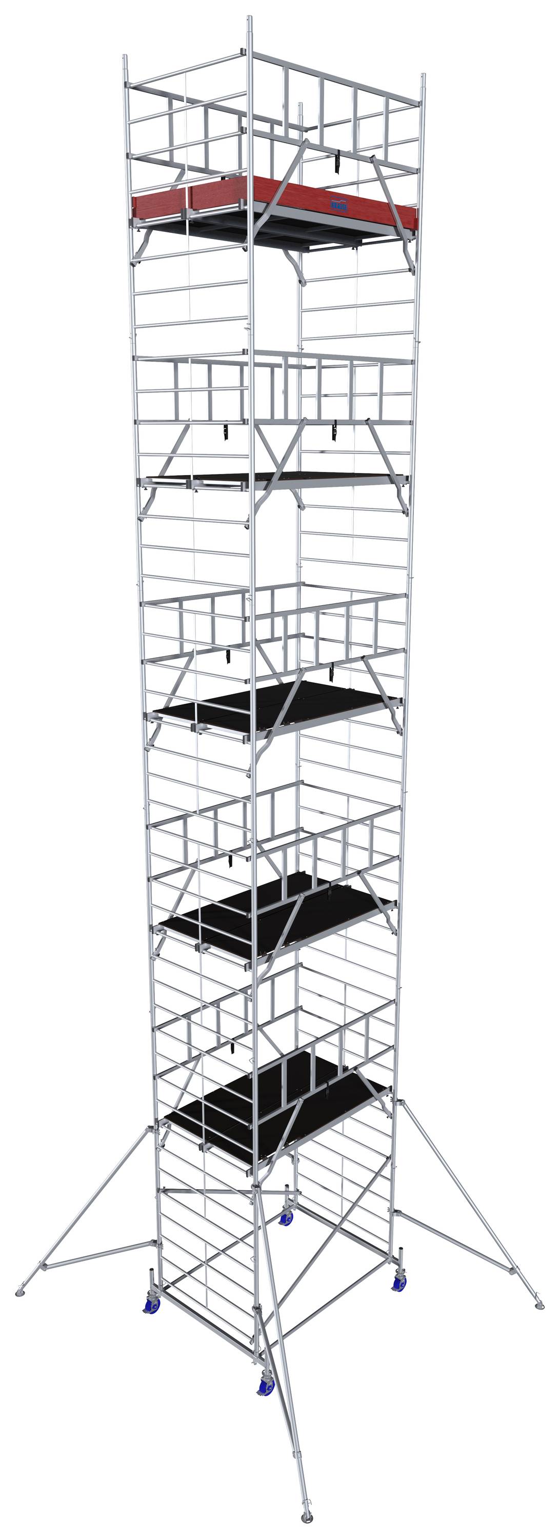 Un'impalcatura alta, multipiano con piattaforme e parapetti di sicurezza, stabilizzata da bracci di sostegno e ruote, idonea per lavori edili.