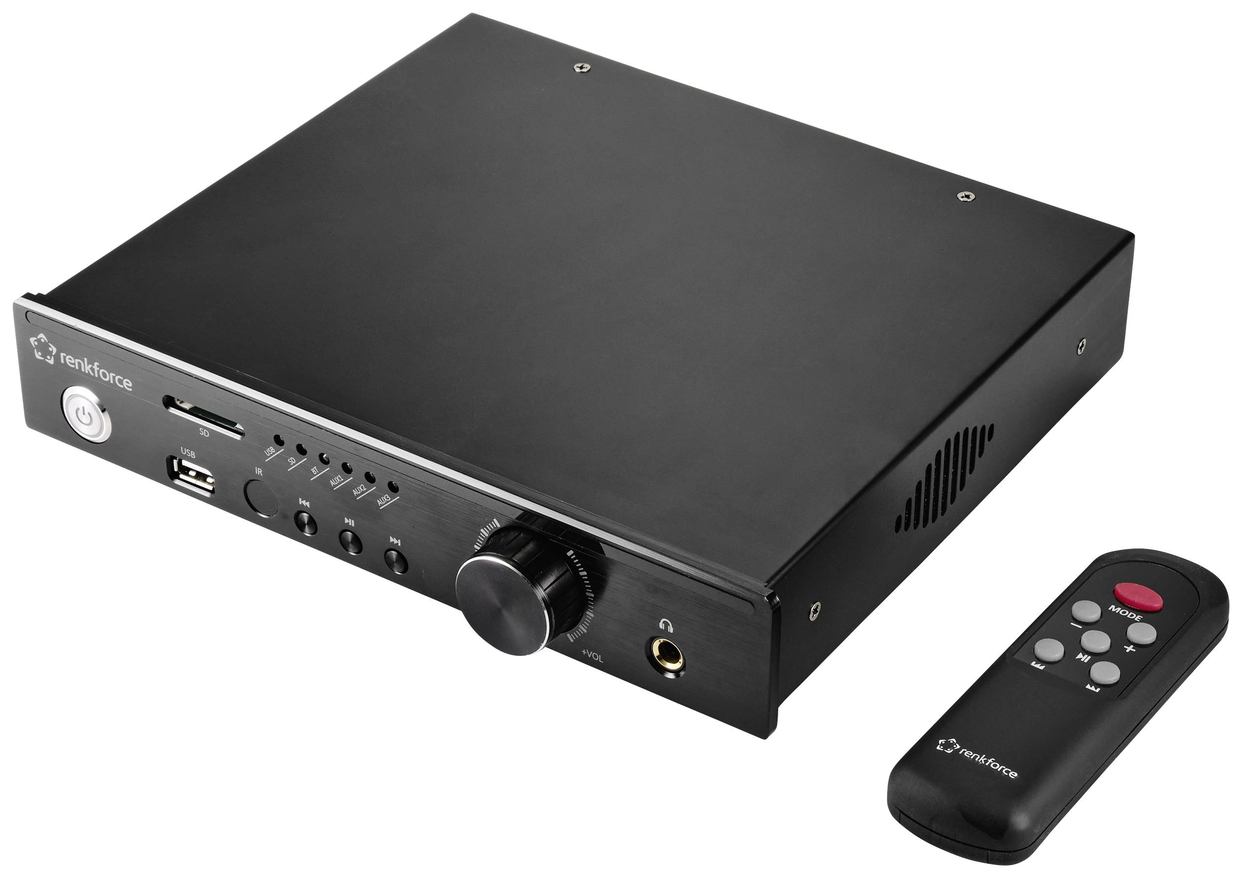 Un processore audio nero con manopola di regolazione, porte di connessione e telecomando. Nomi del marchio e connettori visibili sul lato frontale.