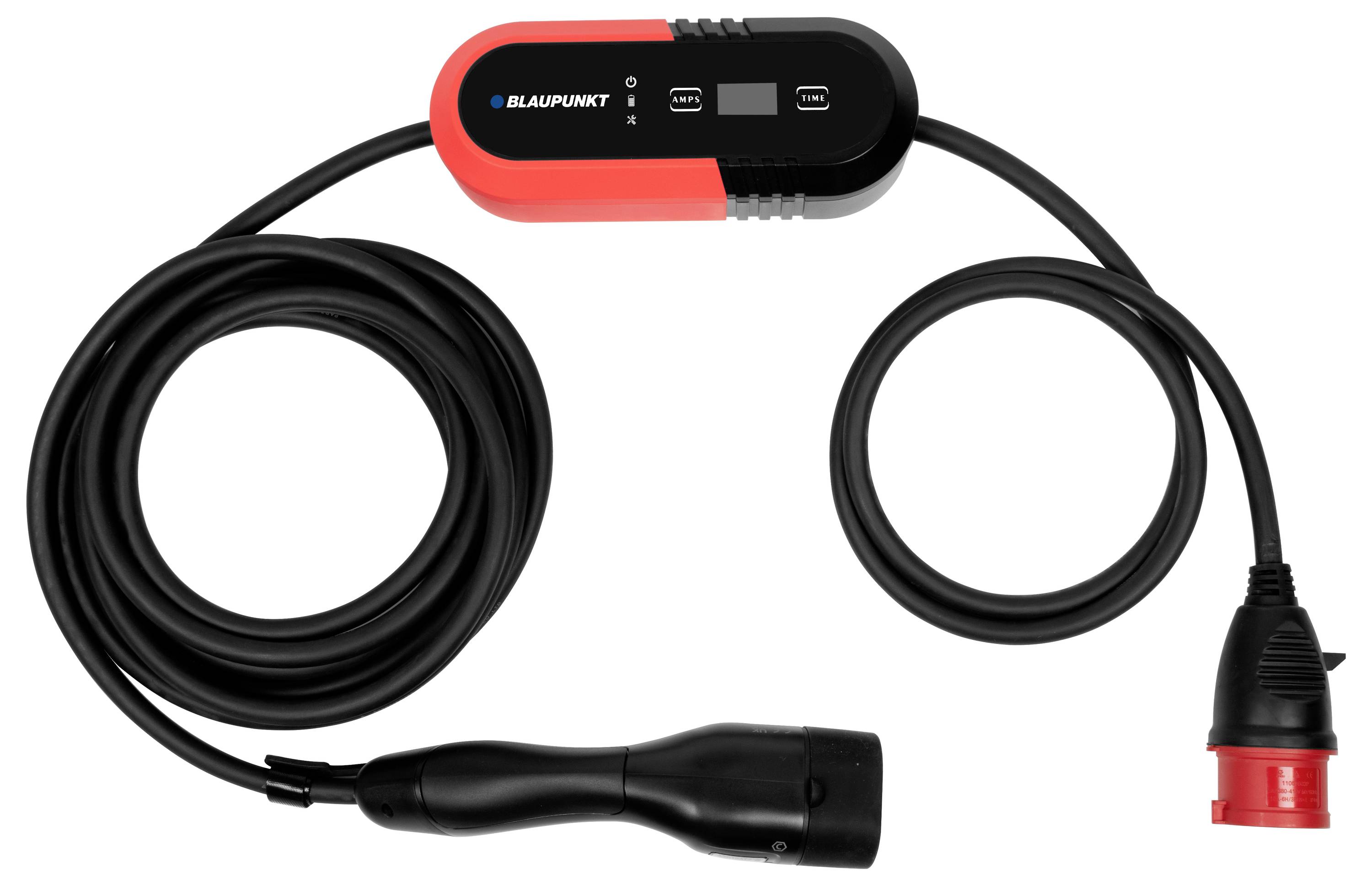 Cavo di ricarica elettrico con scatola di controllo, due spine e logo del marchio. Adatto per la ricarica di veicoli elettrici.