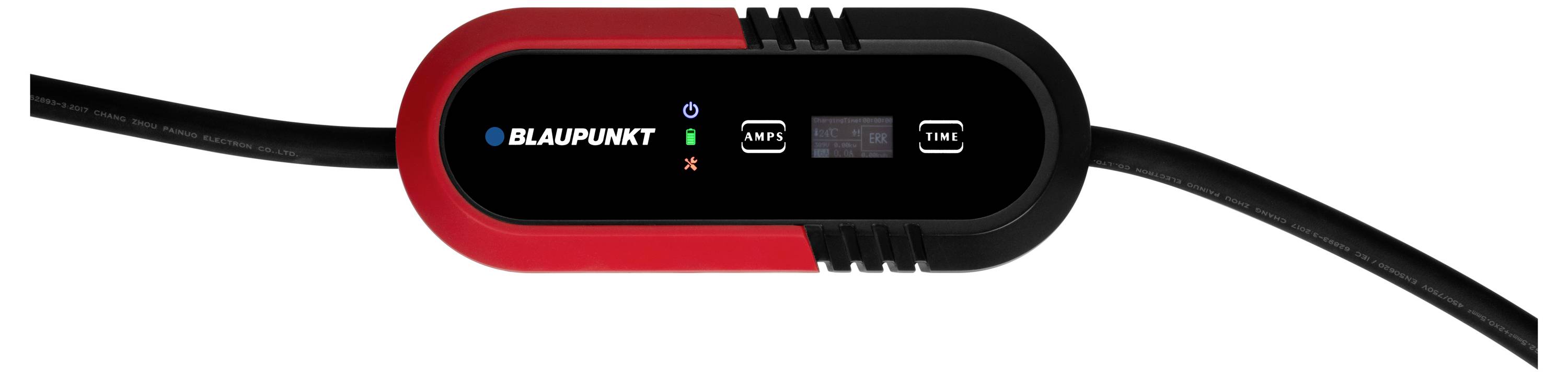 Un caricabatterie Blaupunkt con elementi rossi e neri. Presenta indicatori LED per lo stato di funzionamento e due connessioni per cavi.