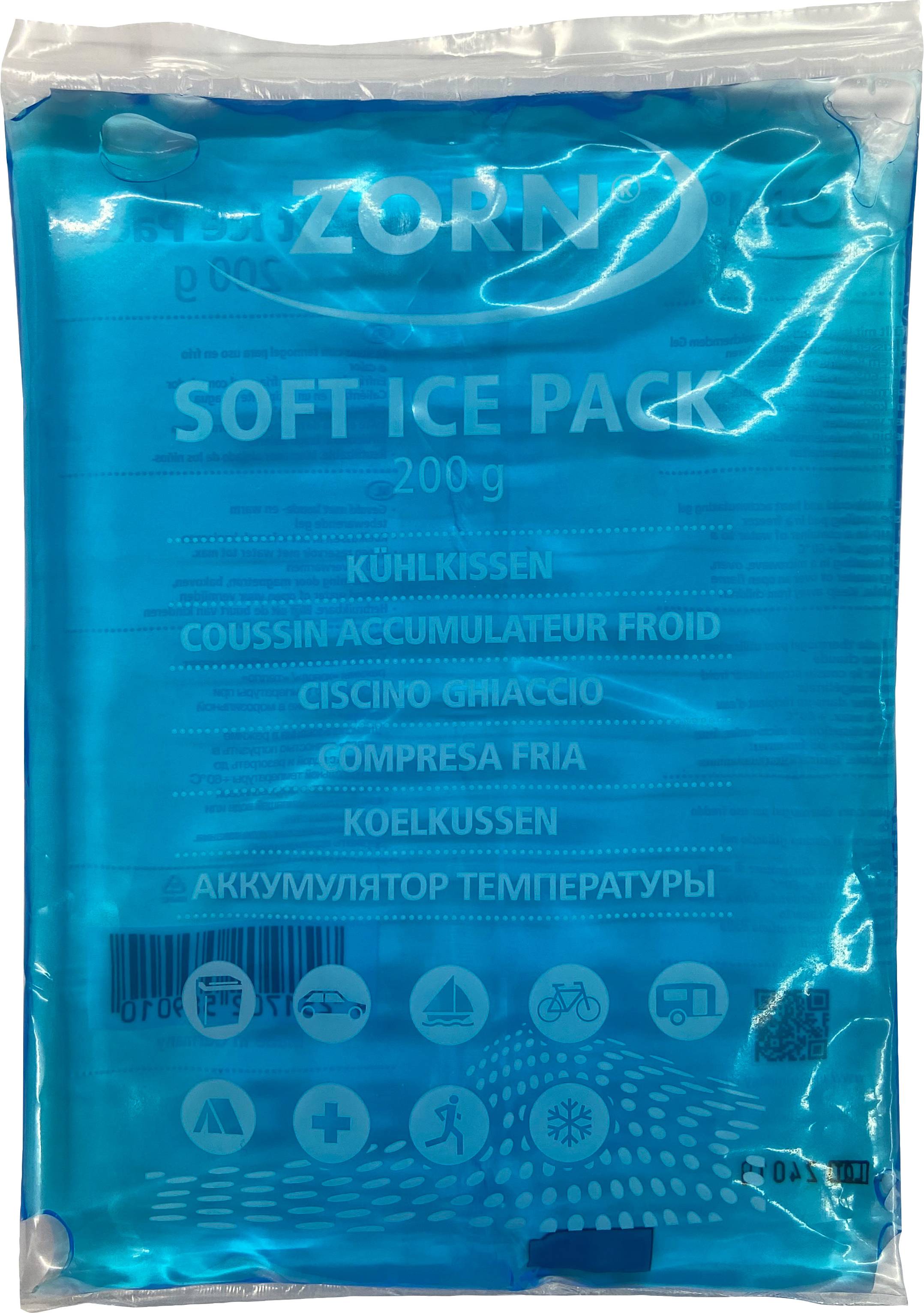 Un cuscinetto refrigerante blu in gel soft da 200 g. Testo sulla confezione in diverse lingue: 'Cuscinetto refrigerante' ecc. Adatto per scopi di raffreddamento.
