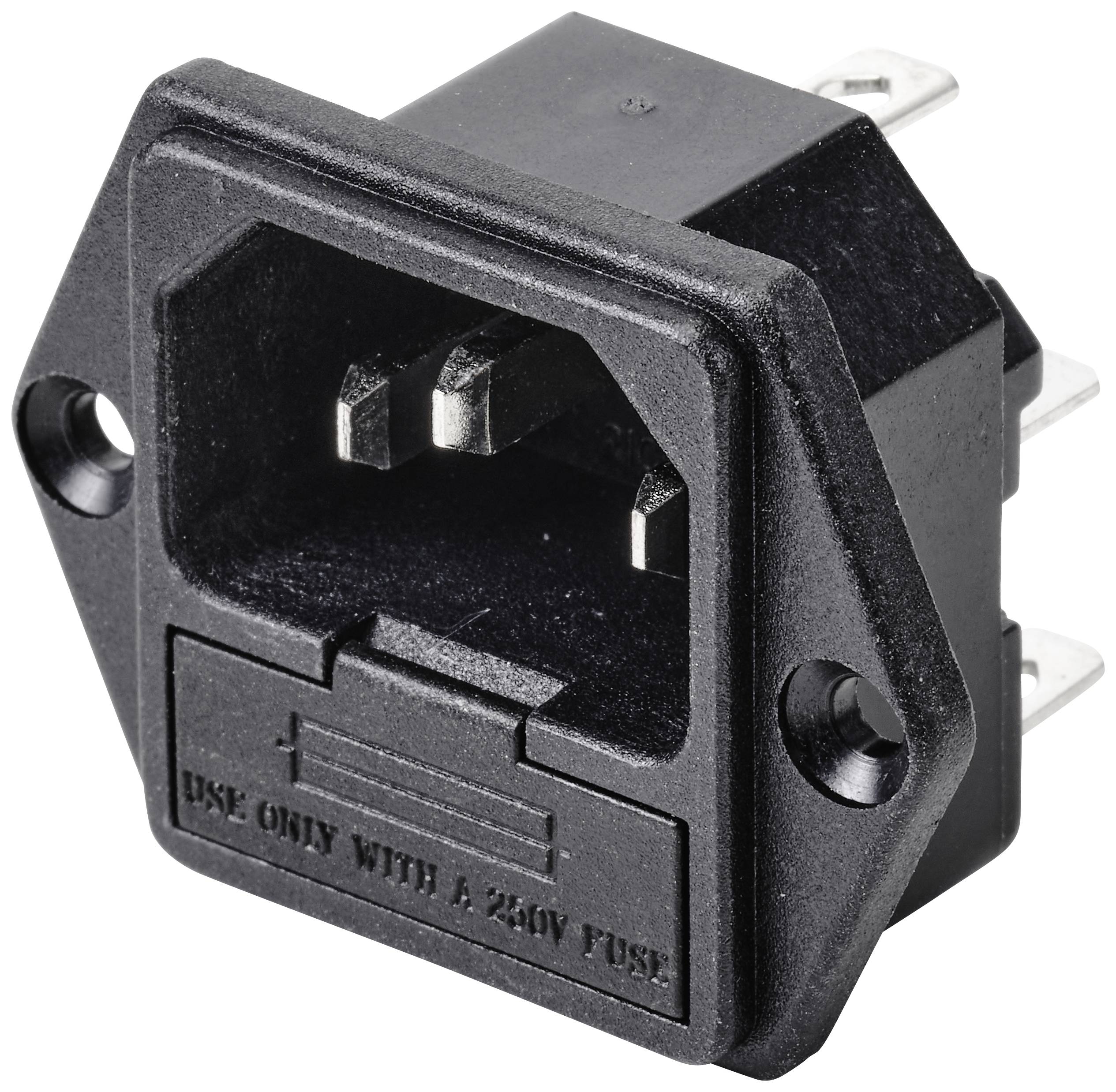 Spina di presentazione IEC nera con portafusibile, idonea per 250V. Adatta per il collegamento di dispositivi in apparecchiature elettriche.