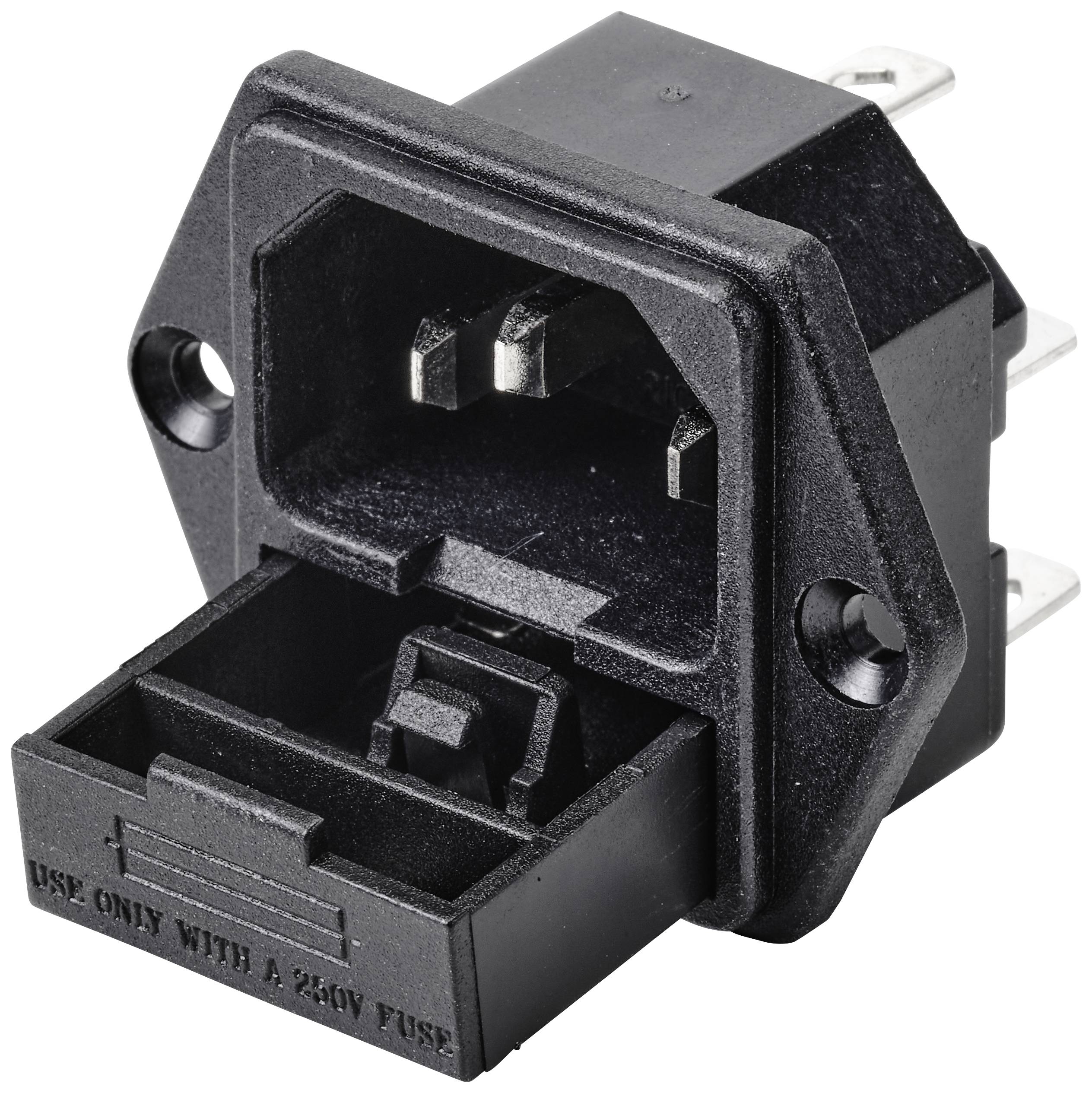 'Spina per apparecchi elettrici nera con portafusibile, forma rettangolare, due contatti metallici. L'involucro riporta la scritta: "UTILIZZARE SOLO CON FUSIBILE DA 250V".'