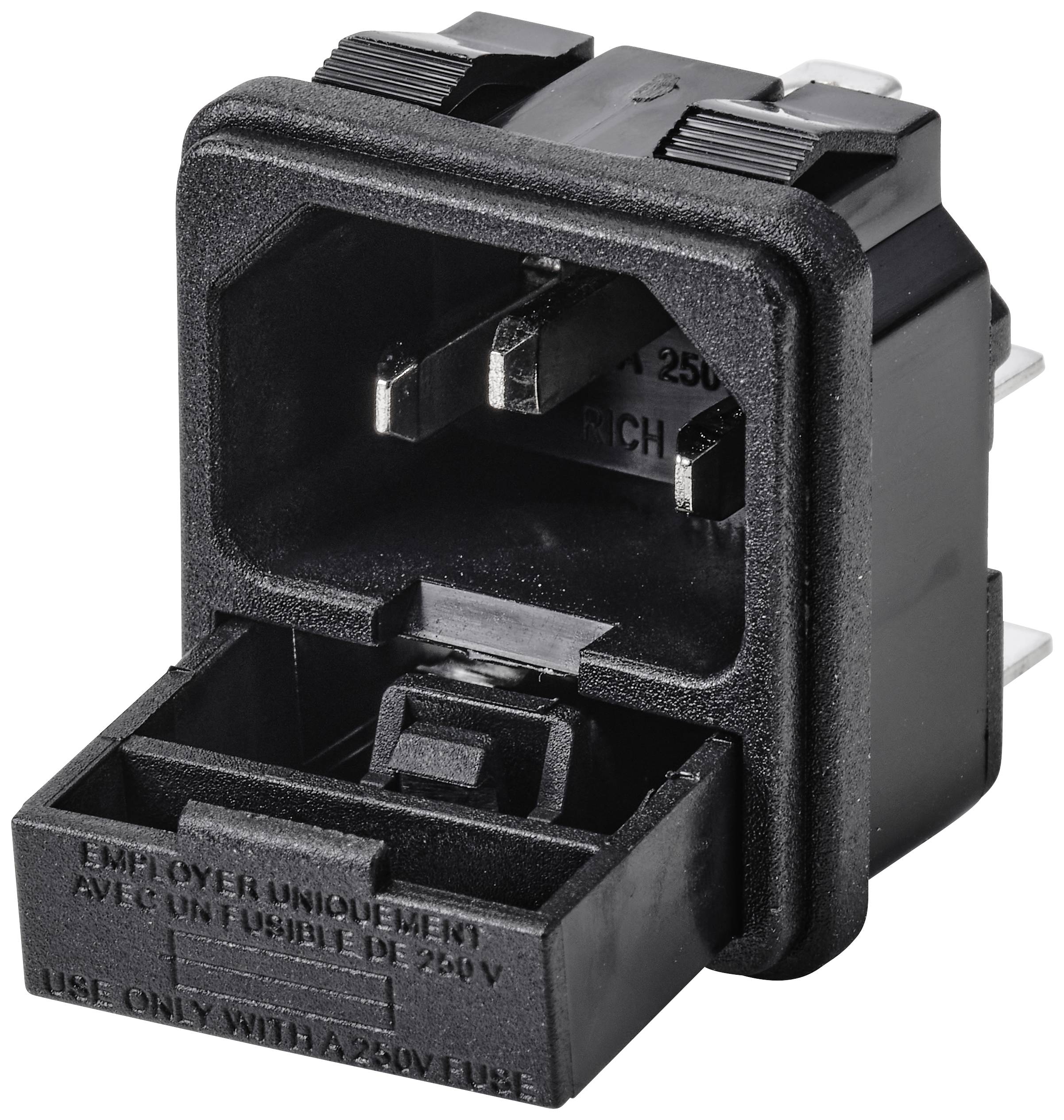 Un ingresso per cavo di rete nero con vano portafusibile integrato, aperto, per la protezione di dispositivi elettronici a 250V.