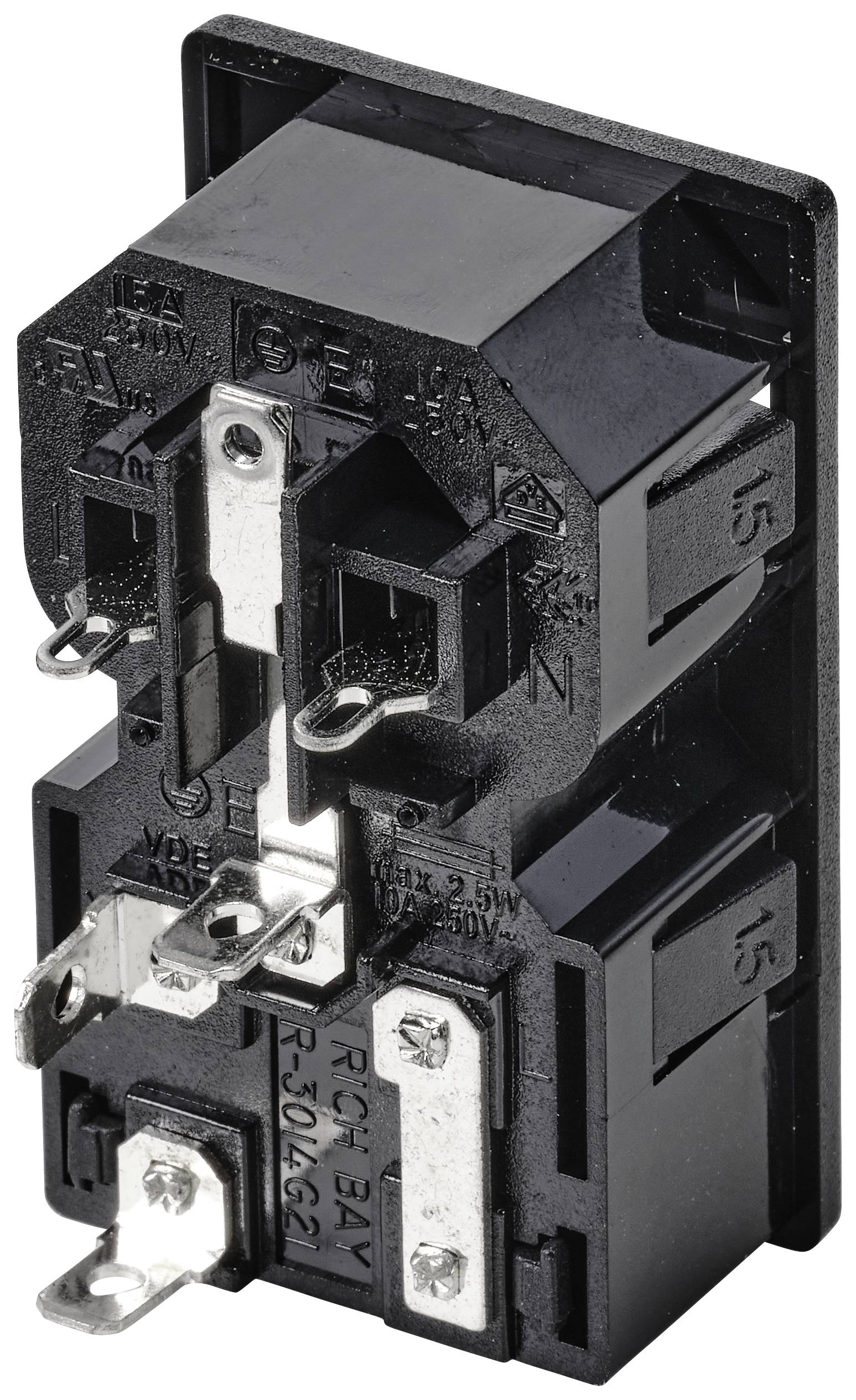 Interruttore elettrico nero con contatti metallici visibili e marcature.