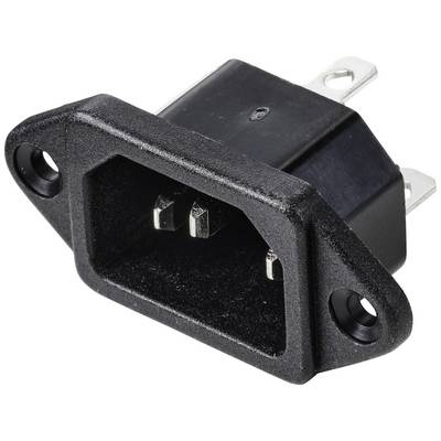 Un connettore di rete IEC nero con due fori per viti in alto e in basso, idoneo per il collegamento elettrico in dispositivi elettronici.