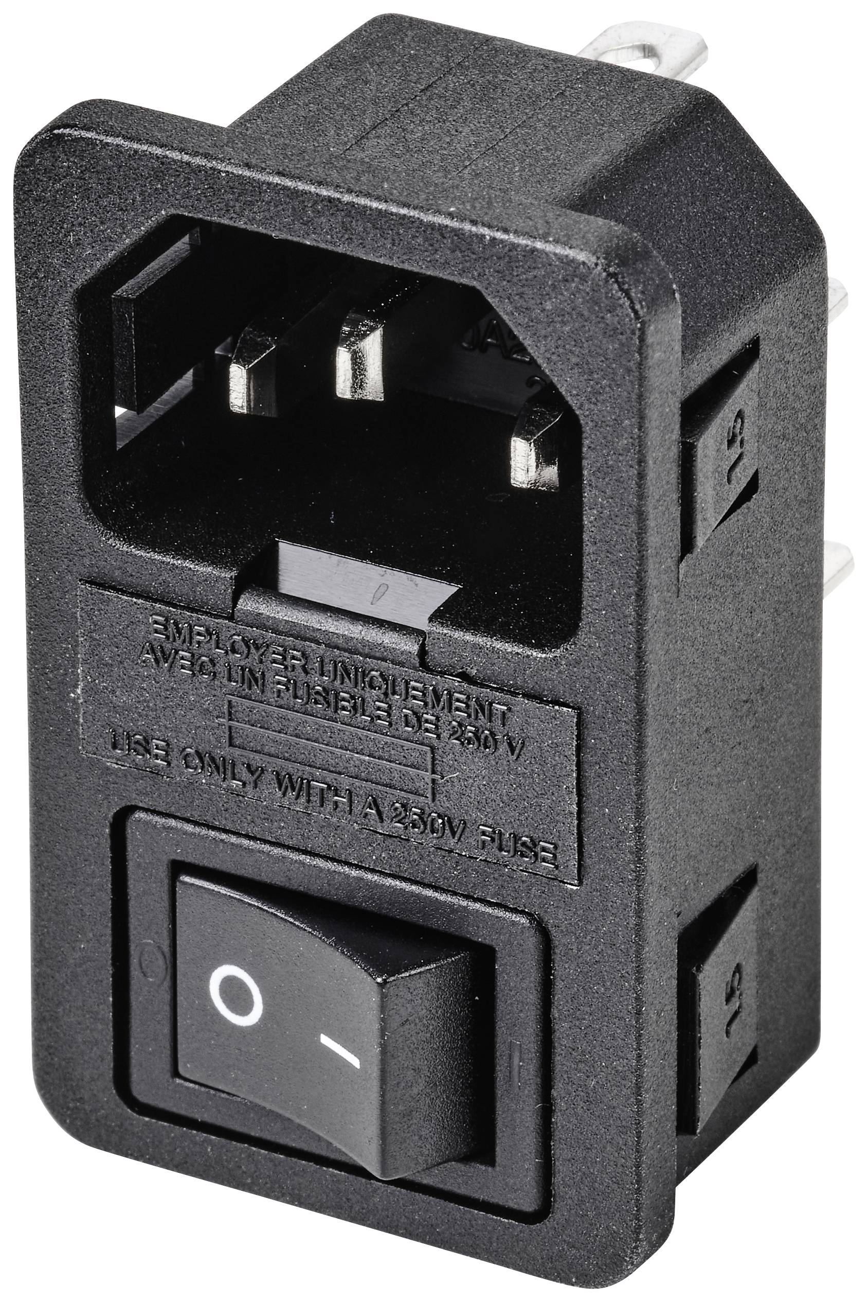 'Interruttore on/off bianco e nero con attacco per cavo di rete internazionale, tipo IEC-60320 C14, da utilizzare con fusibile da 250V.'