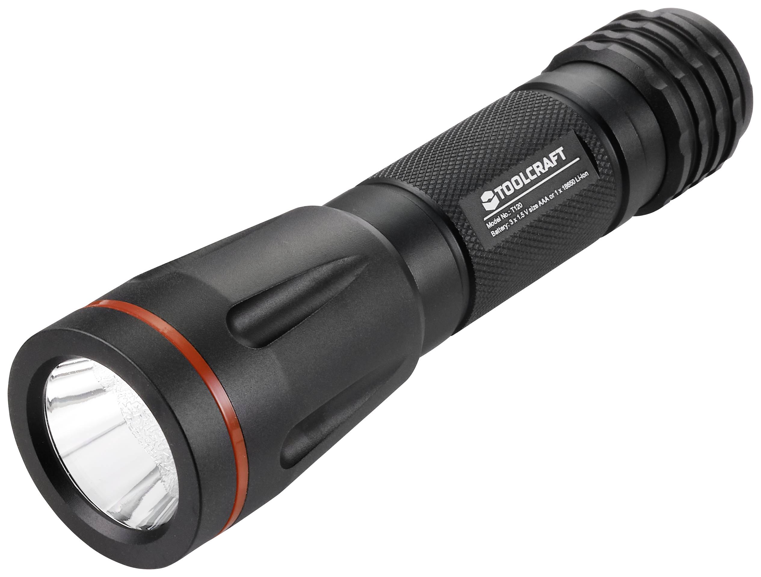 Torcia elettrica nera con anello rosso, struttura robusta, nome del marchio 'TOOLCRAFT' sul manico.