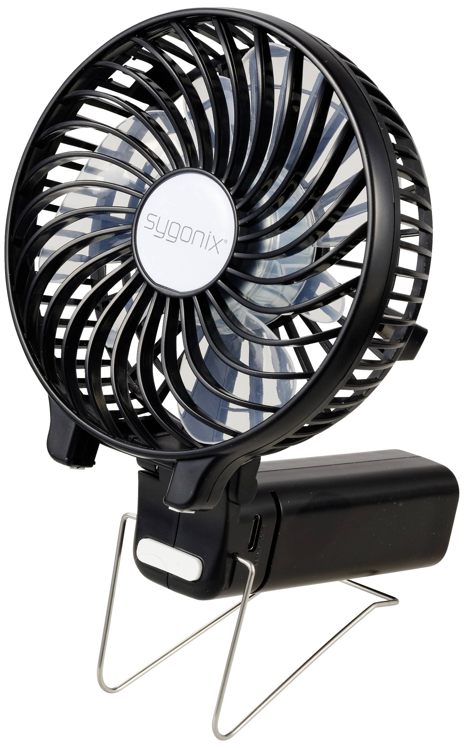 Ventilatore da tavolo portatile nero con logo argentato al centro. Il ventilatore ha una batteria rimovibile e un piedistallo di supporto.