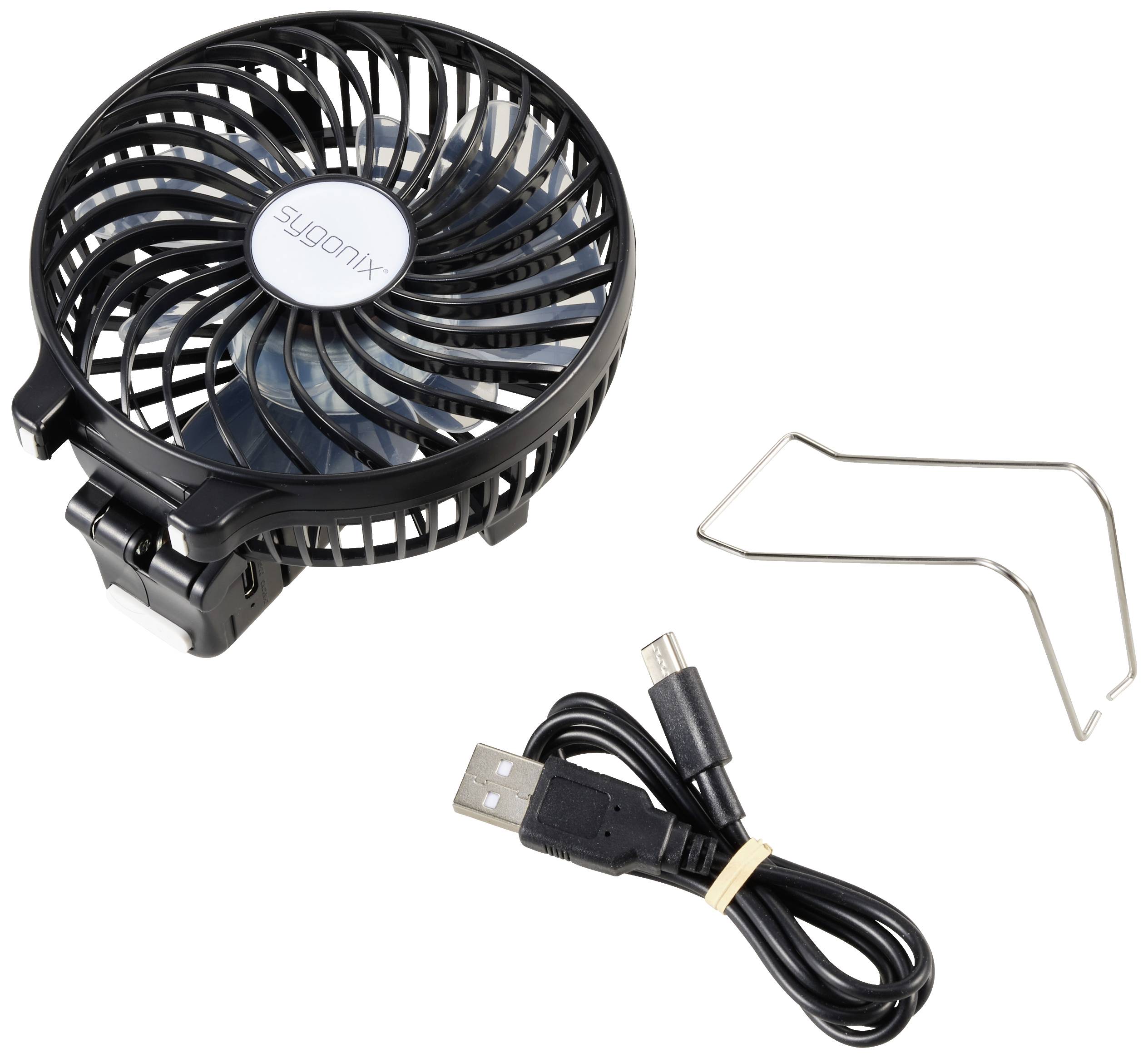 Un piccolo ventilatore da tavolo nero con cavo USB e base in metallo. Ideale per l'uso sulla scrivania o in viaggio.