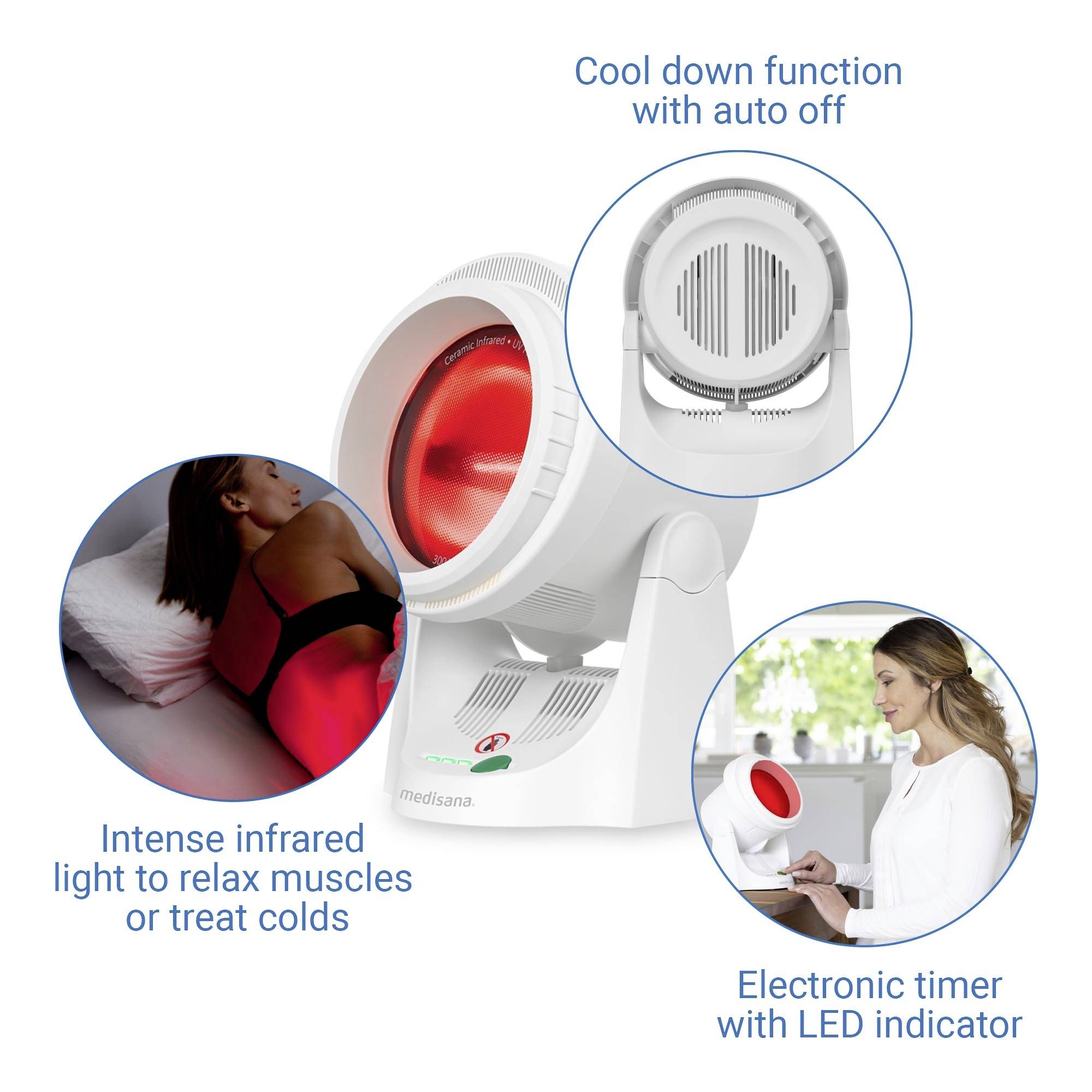 Lampada a infrarossi con funzione di raffreddamento automatico, luce intensa per il rilassamento muscolare, timer con display LED, mostrata in uso.