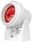 Un dispositivo rotondo bianco per luce infrarossa con luce rossa. Poggia su un piedistallo bianco. Marca 'Medisana'. Viene utilizzato per trattamenti terapeutici di calore.