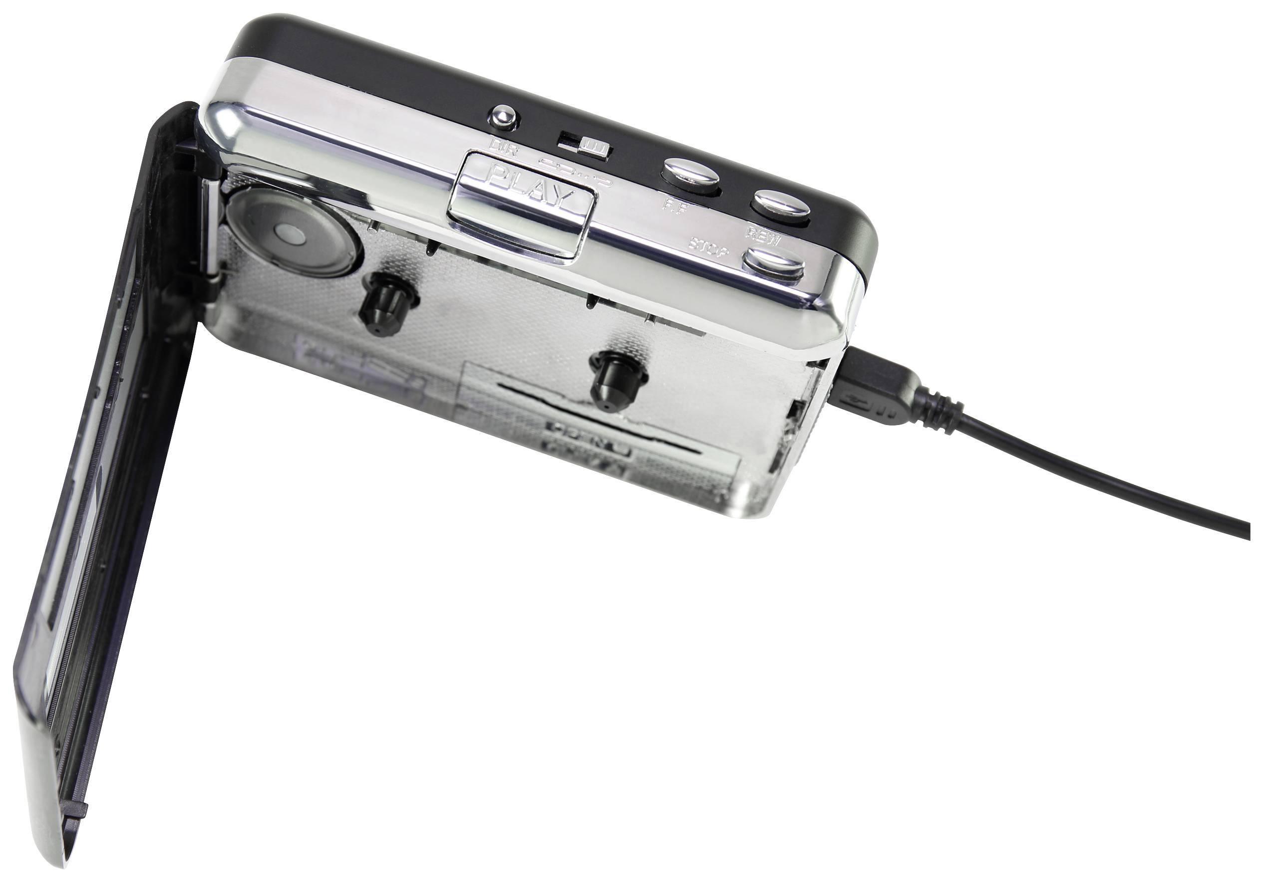 Un dispositivo portatile per cassette con coperchio aperto e cavo collegato, presumibilmente utilizzato per riprodurre o digitalizzare audiocassette.