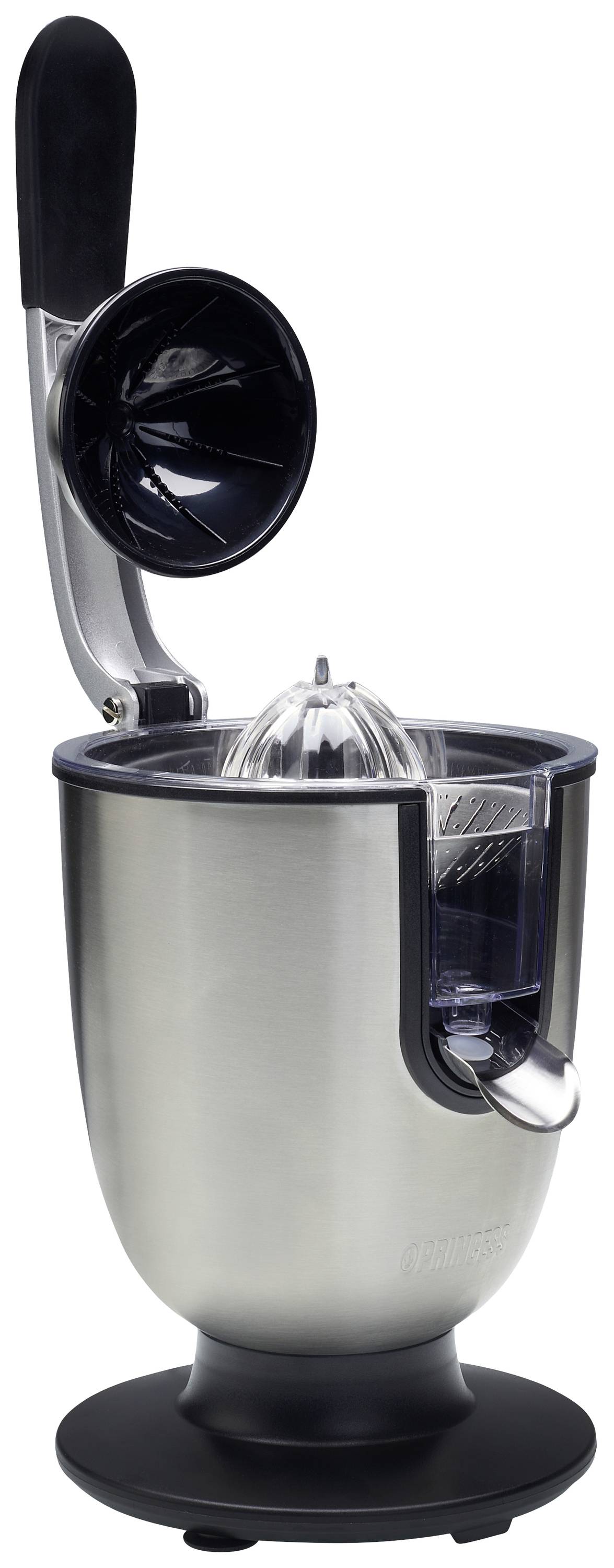 Spremi agrumi elettrico in acciaio inox con leva e beccuccio di scarico. Ideale per una facile spremitura di arance e limoni.