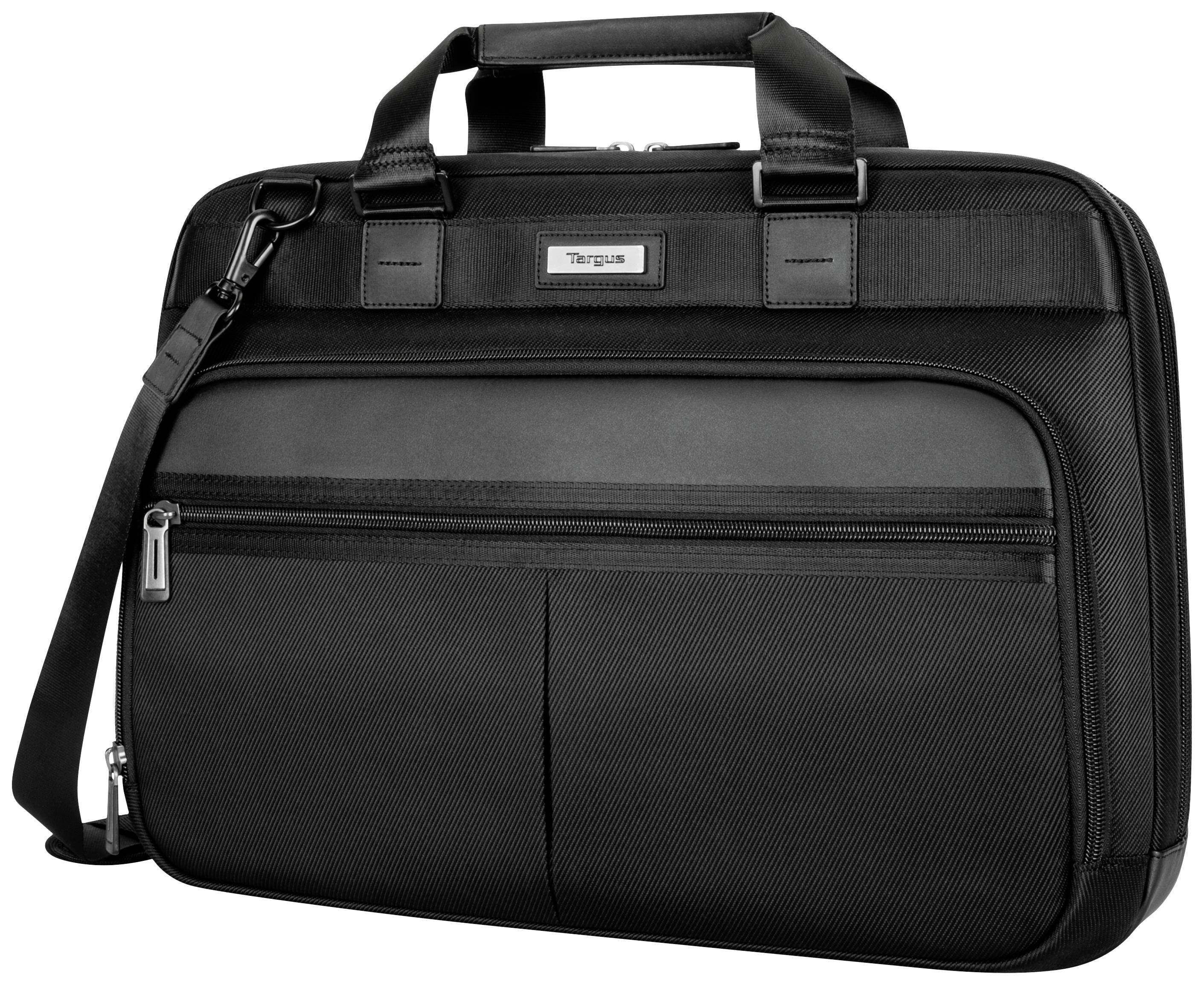 Borsa per laptop nera con scomparti con cerniera e manico, adatta per il trasporto sicuro di un laptop o tablet.