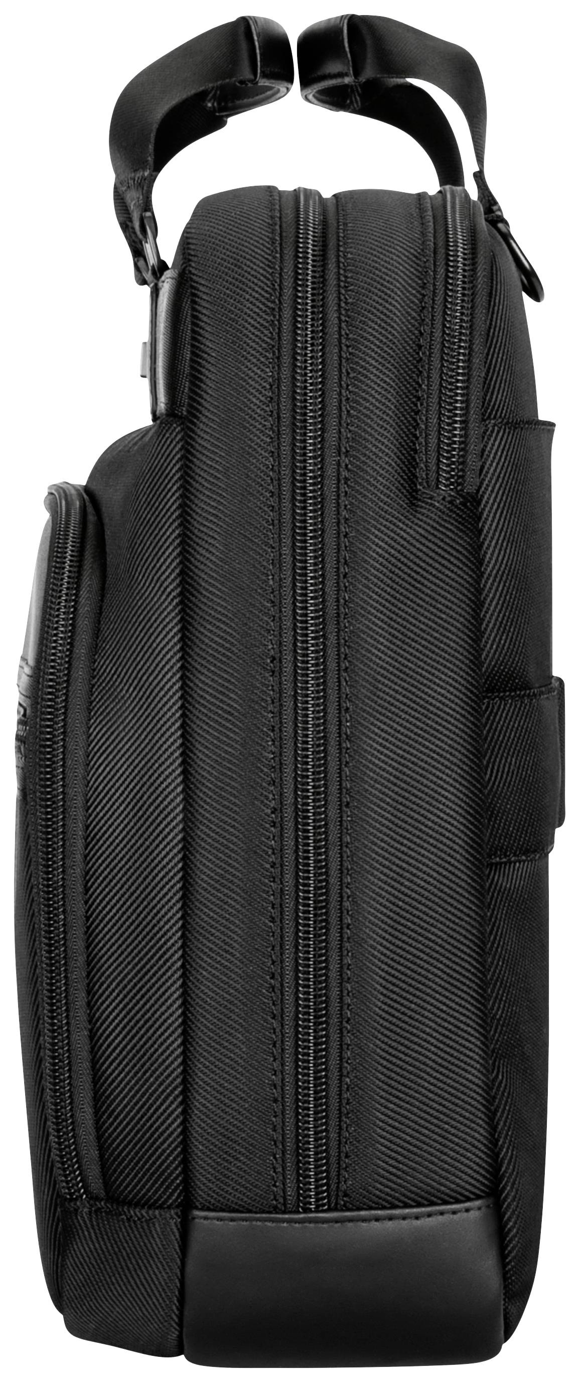 Borsa per laptop nera in vista laterale con doppia zip e manici imbottiti.