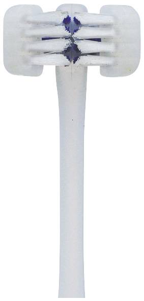 Testina dello spazzolino da denti con setole bianche e una striscia di marcatura blu al centro.