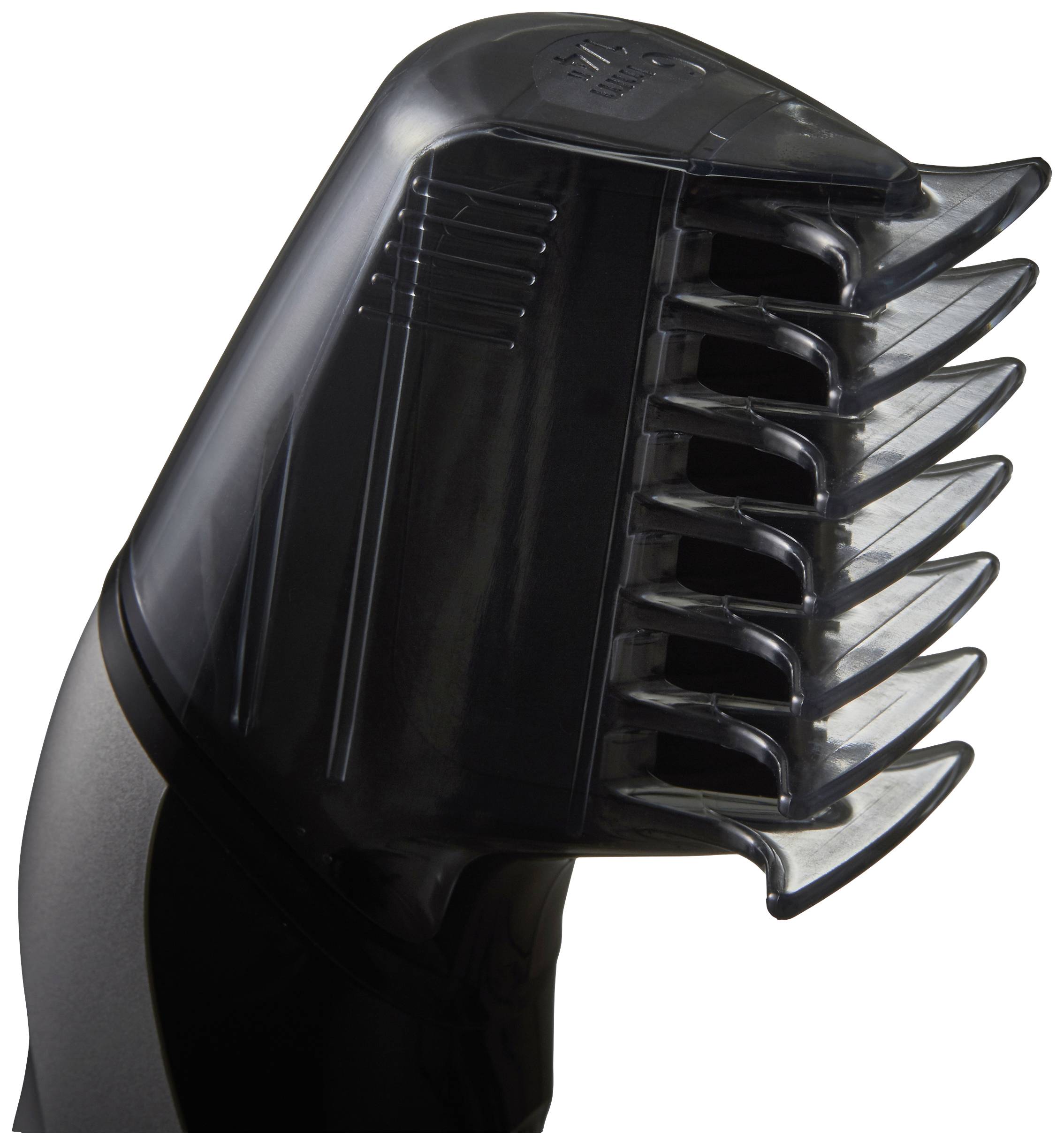 Attacco per taglio capelli nero con denti pettine graduati; vista laterale.