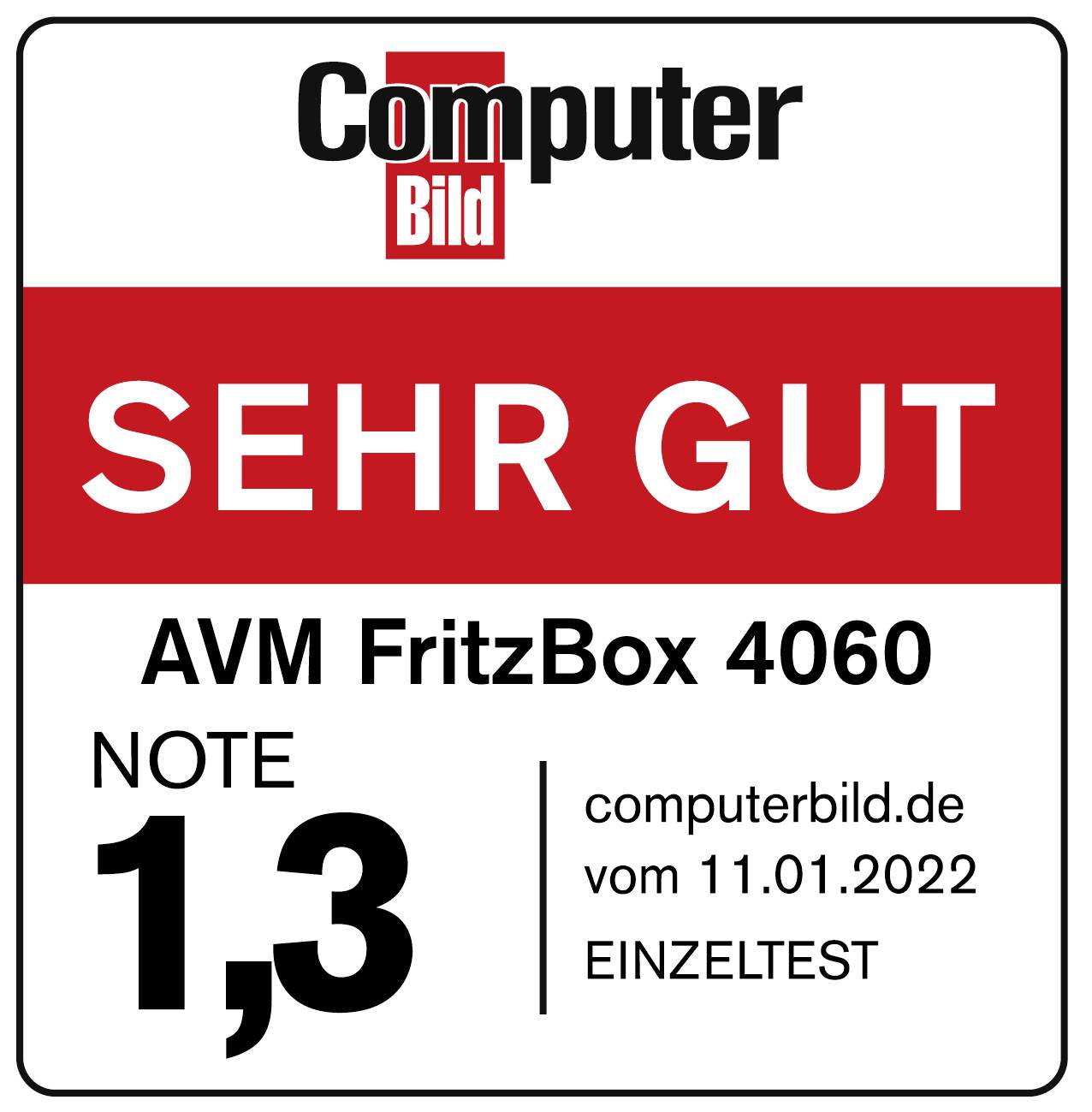 Sigillo di Test 'Computer Bild': 'MOLTO BENE', AVM FritzBox 4060, Voto 1,3, Test individuale del 11.01.2022, computerbild.de.