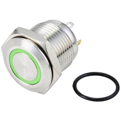 Interruttore metallico con anello verde e guarnizione. Adatto per installazioni elettriche.