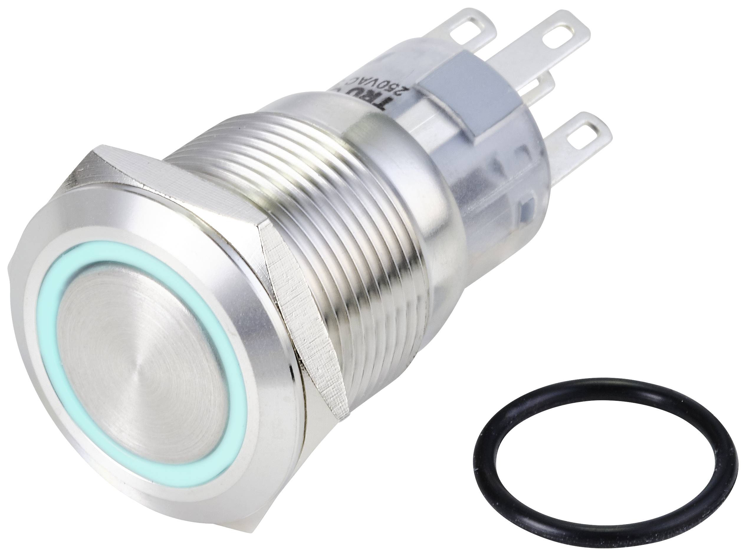 Interruttore in metallo con anello LED verde, filettatura per il fissaggio e tre morsetti di connessione. Include una guarnizione di gomma nera.