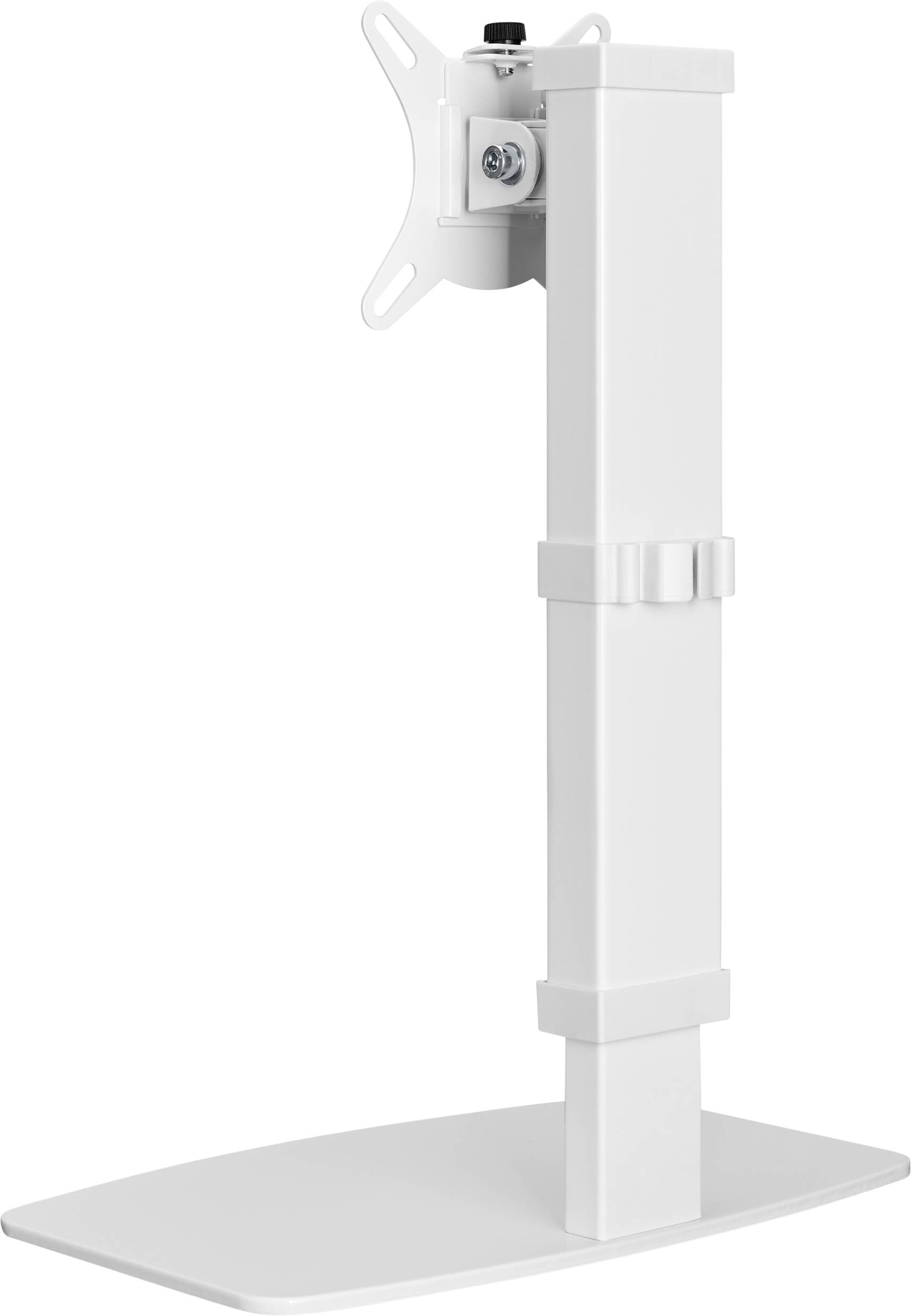 Braccio di supporto per TV bianco con altezza regolabile e supporto orientabile, per il fissaggio di monitor o schermi.