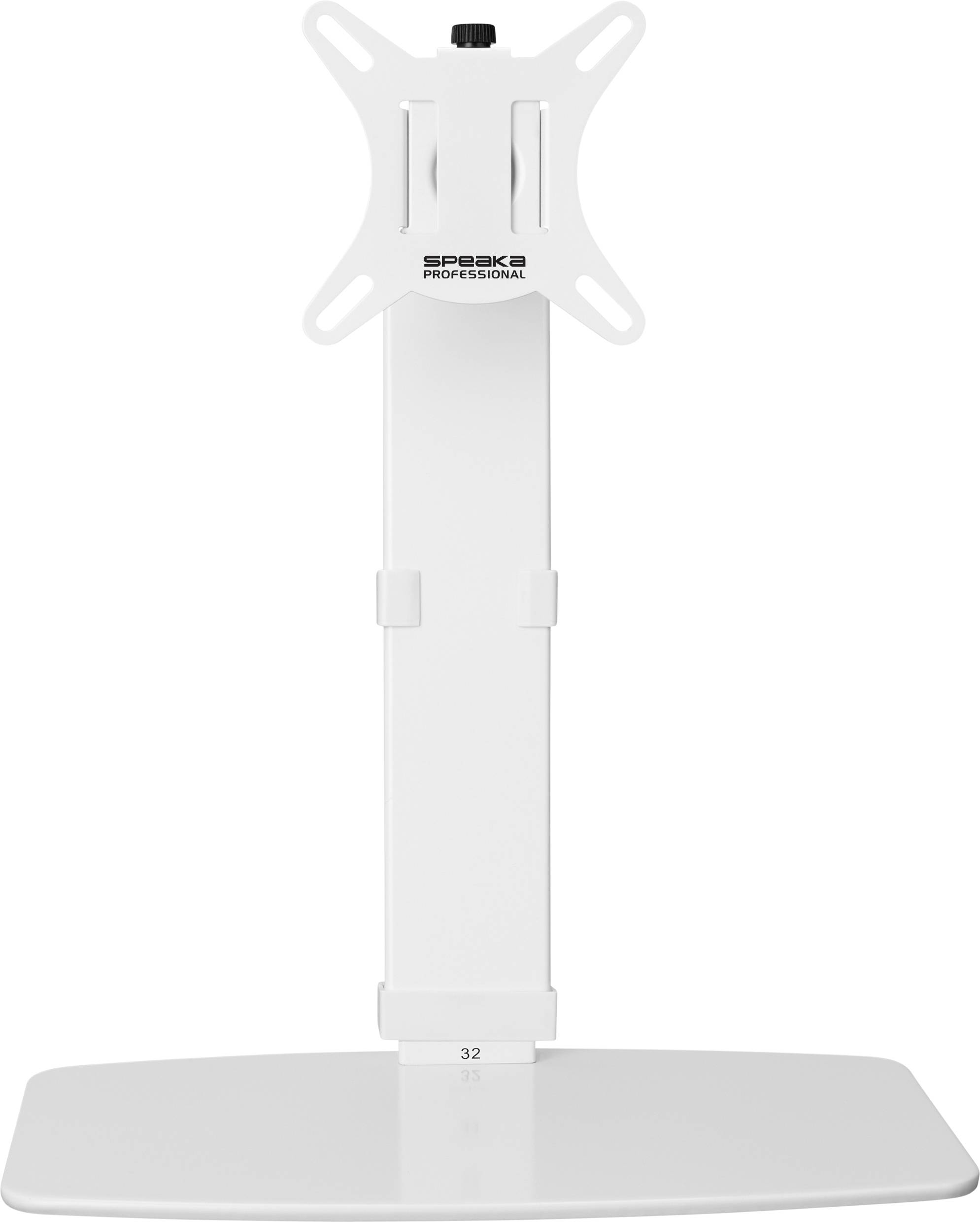 Supporto per monitor bianco con braccio regolabile e base stabile. Sul lato superiore è raffigurato il logo 'SPECK PROFESSIONAL'.