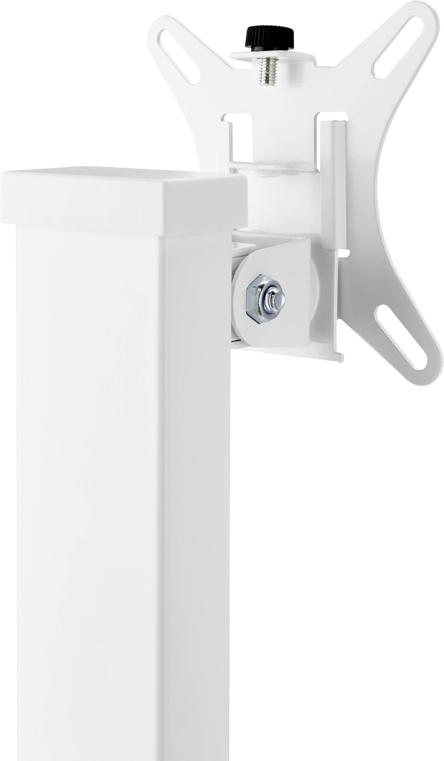 Un supporto metallico bianco progettato per montare un monitor o uno schermo. Presenta una giunzione quadrata e viti regolabili.