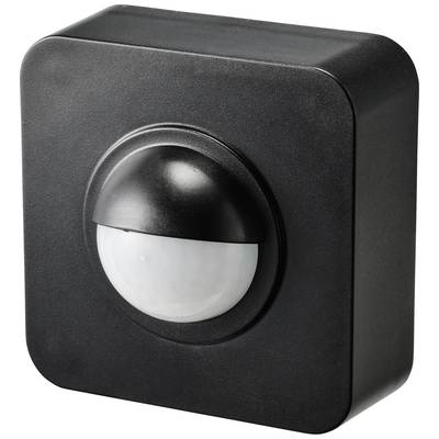 Un rilevatore di movimento nero con un sensore rotondo bianco al centro, montato su una base quadrata.