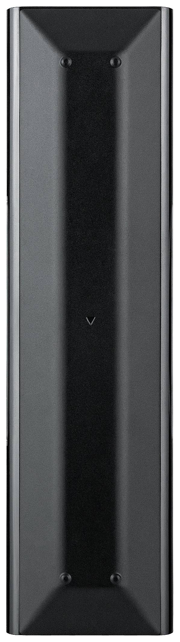 Altoparlante nero, allungato, con profilo sottile e bordi smussati. Ideale per il montaggio a parete in ambienti interni moderni.