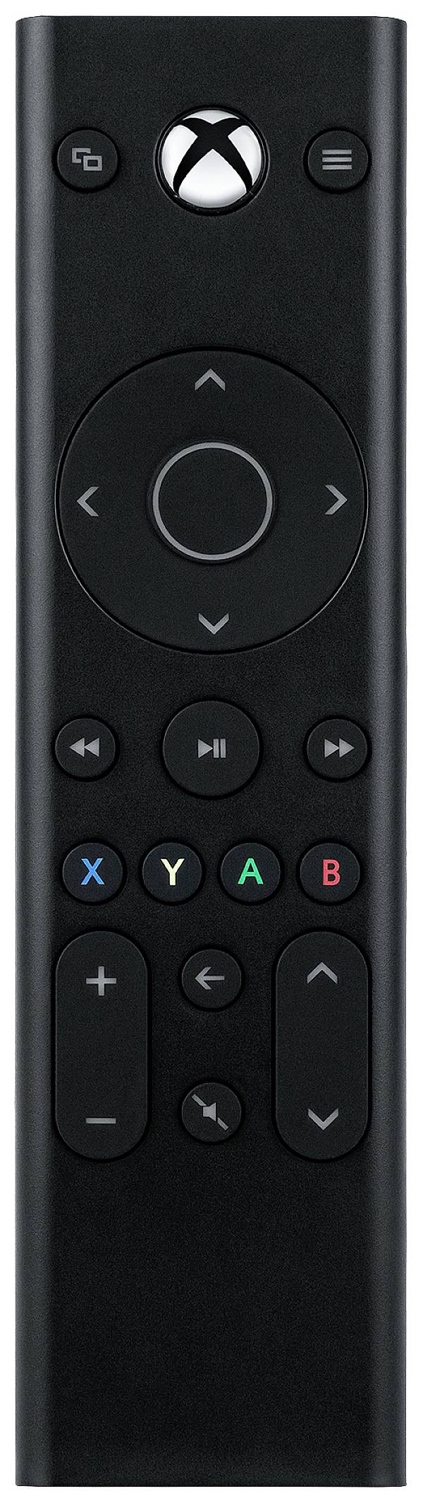 Telecomando nero con logo Xbox. Contiene croce direzionale, tasti menu e riproduzione, nonché i tasti colorati X, Y, B, A.