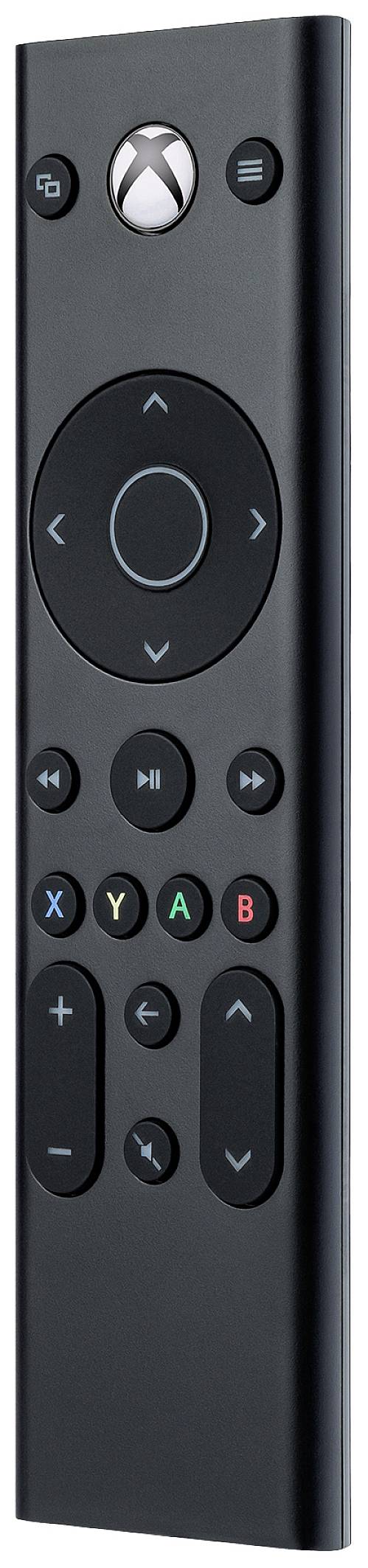 Telecomando nero con diversi tasti colorati per funzioni differenti, dotato di una rotella di navigazione e tasti speciali per il controllo.