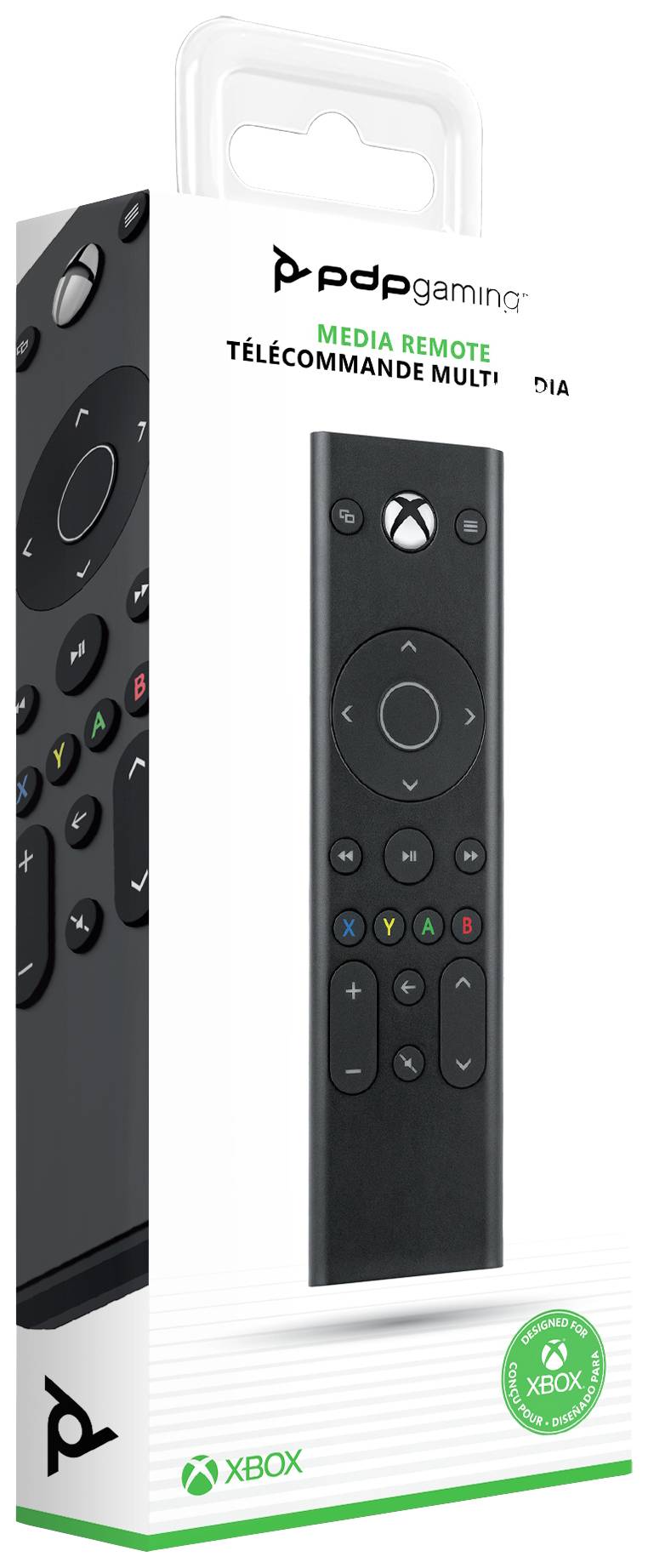 Un telecomando nero in una confezione 'pdp gaming', progettato per Xbox, con diversi tasti per il controllo dei media.