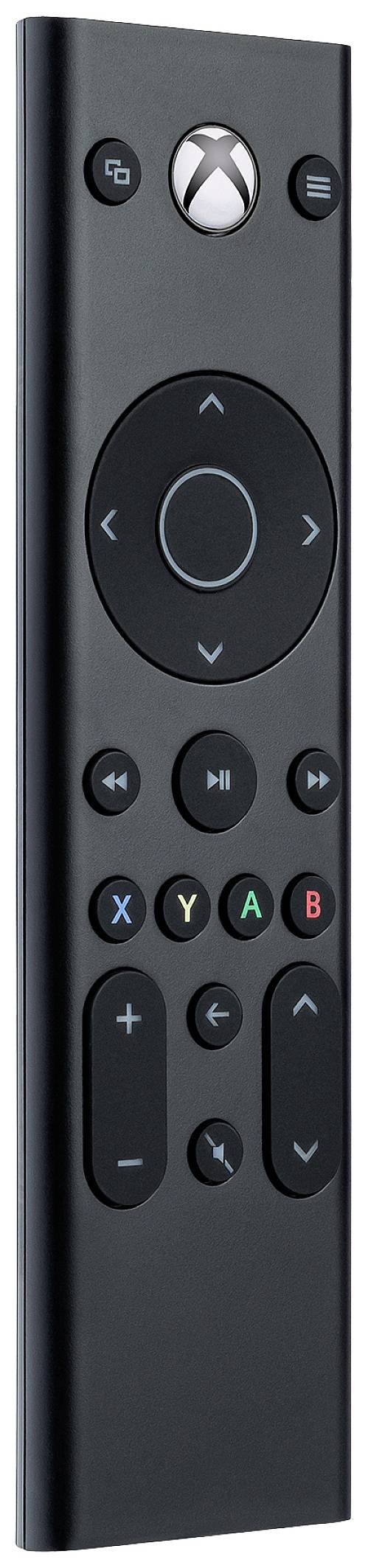 Un telecomando nero con tasti freccia direzionali, controlli multimediali e tasti colorati X, Y, A, B, adatto per una console di gioco.