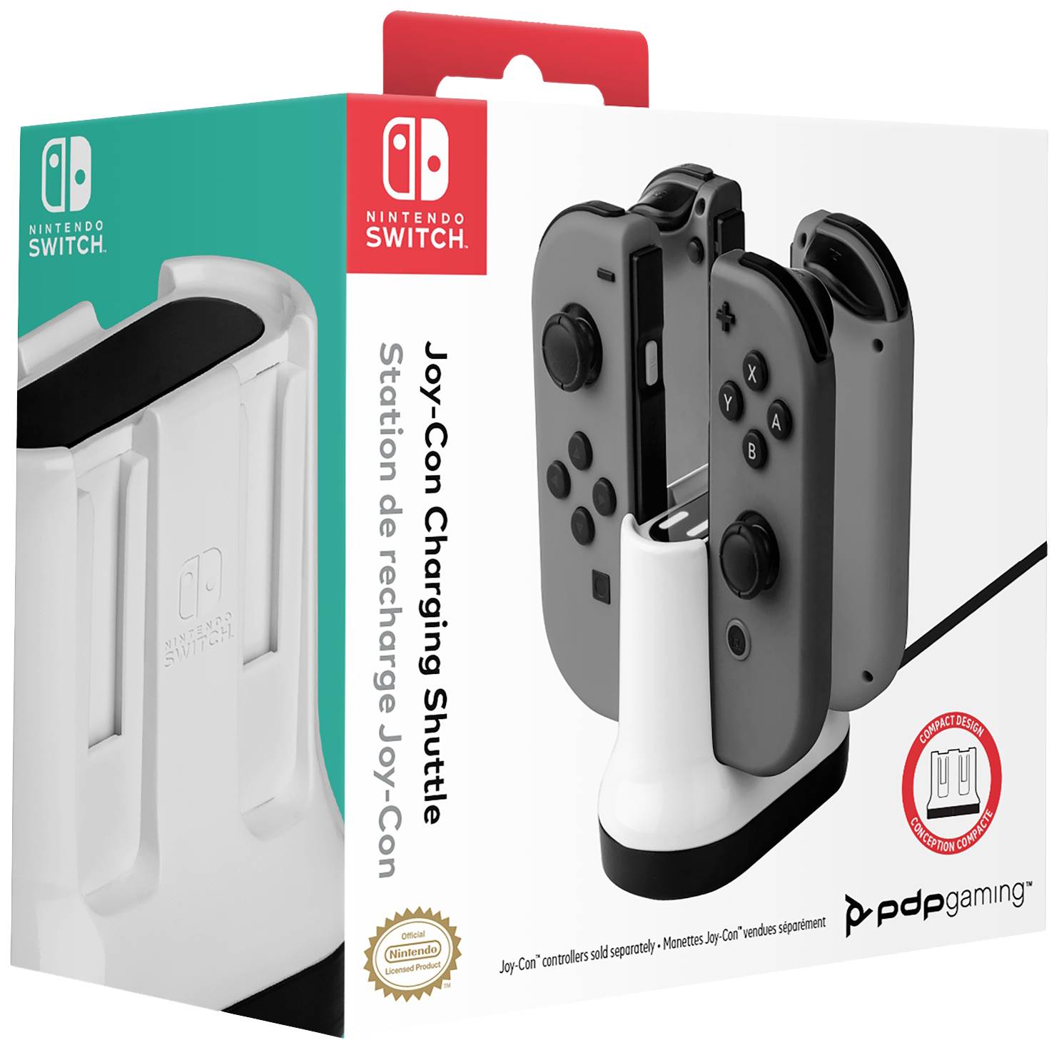 Una confezione per una stazione di ricarica per Joy-Con di Nintendo Switch, che mostra l'immagine del prodotto con il caricabatterie e i Joy-Con inseriti.