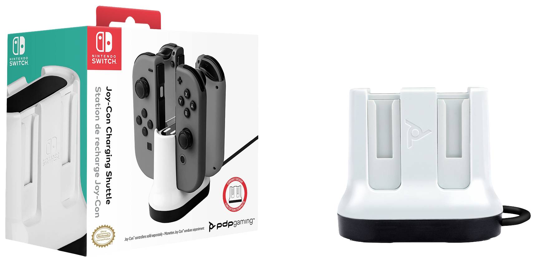 Stazione di ricarica per Joy-Con di Nintendo Switch, raffigurata con confezione. Consente la ricarica simultanea di più controller.