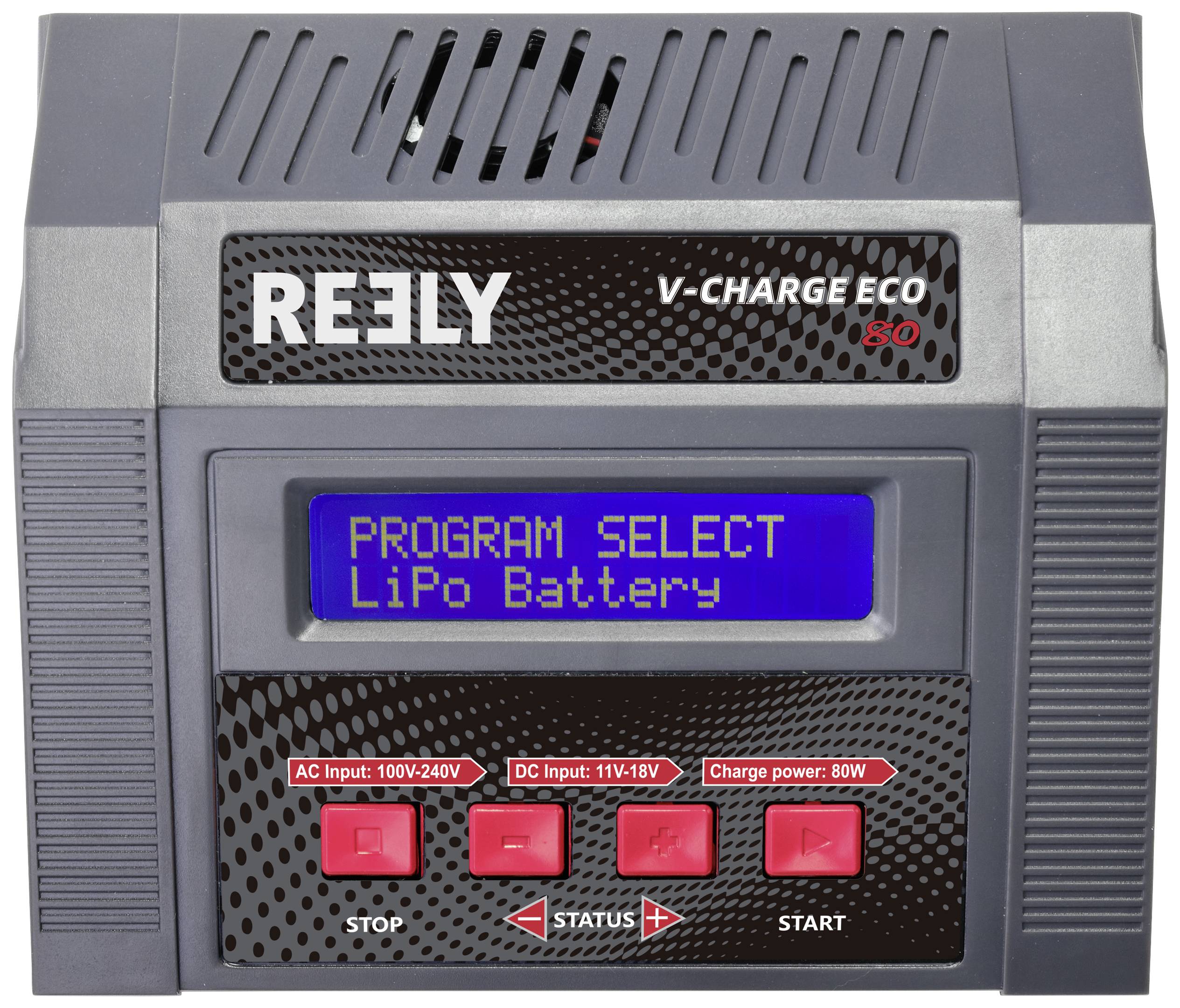 Caricabatterie con display. Schermata: 'SELEZIONE PROGRAMMA Batteria LiPo'. Quattro tasti: 'STOP', 'STATO', 'AVVIO'. Ingresso AC: 100-240V, Ingresso DC: 11-18V, Potenza di carica: 80W.