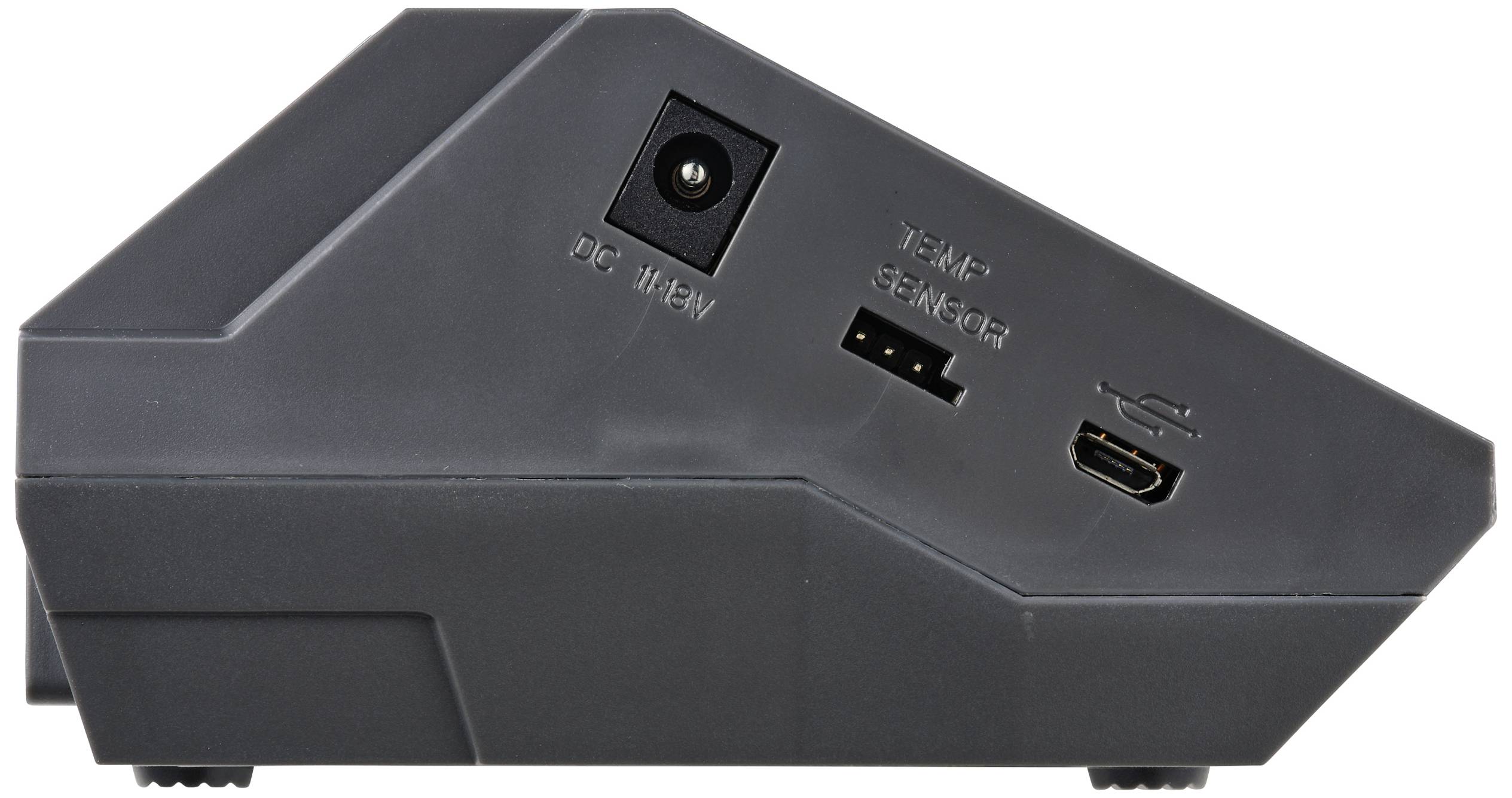 Vista laterale di un dispositivo elettronico grigio con connettore di alimentazione, porta di temperatura e porta USB.