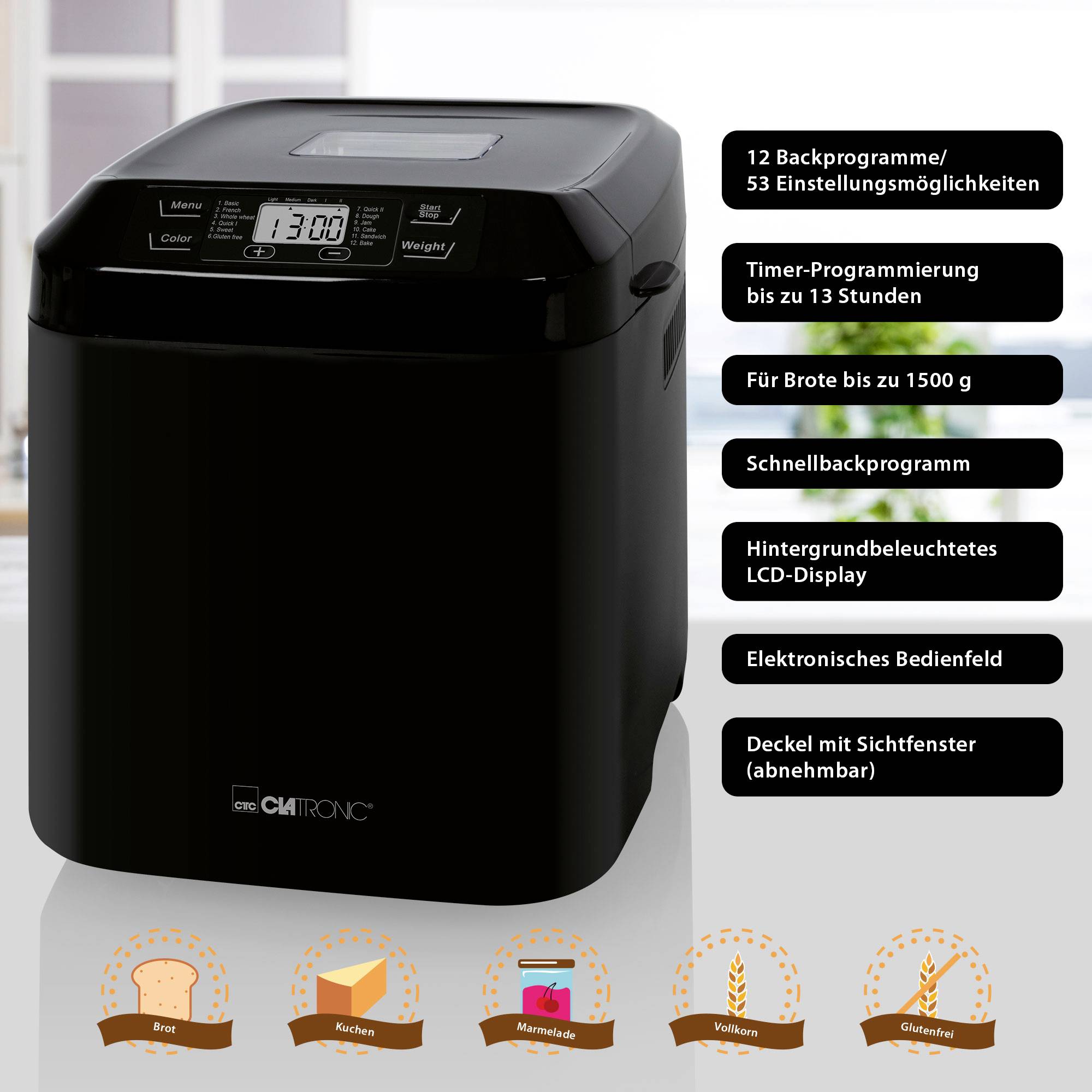 Macchina per il pane nera con display LCD e 12 programmi di cottura. Funzione per pane fino a 1500 g, programma rapido e finestra di visualizzazione.