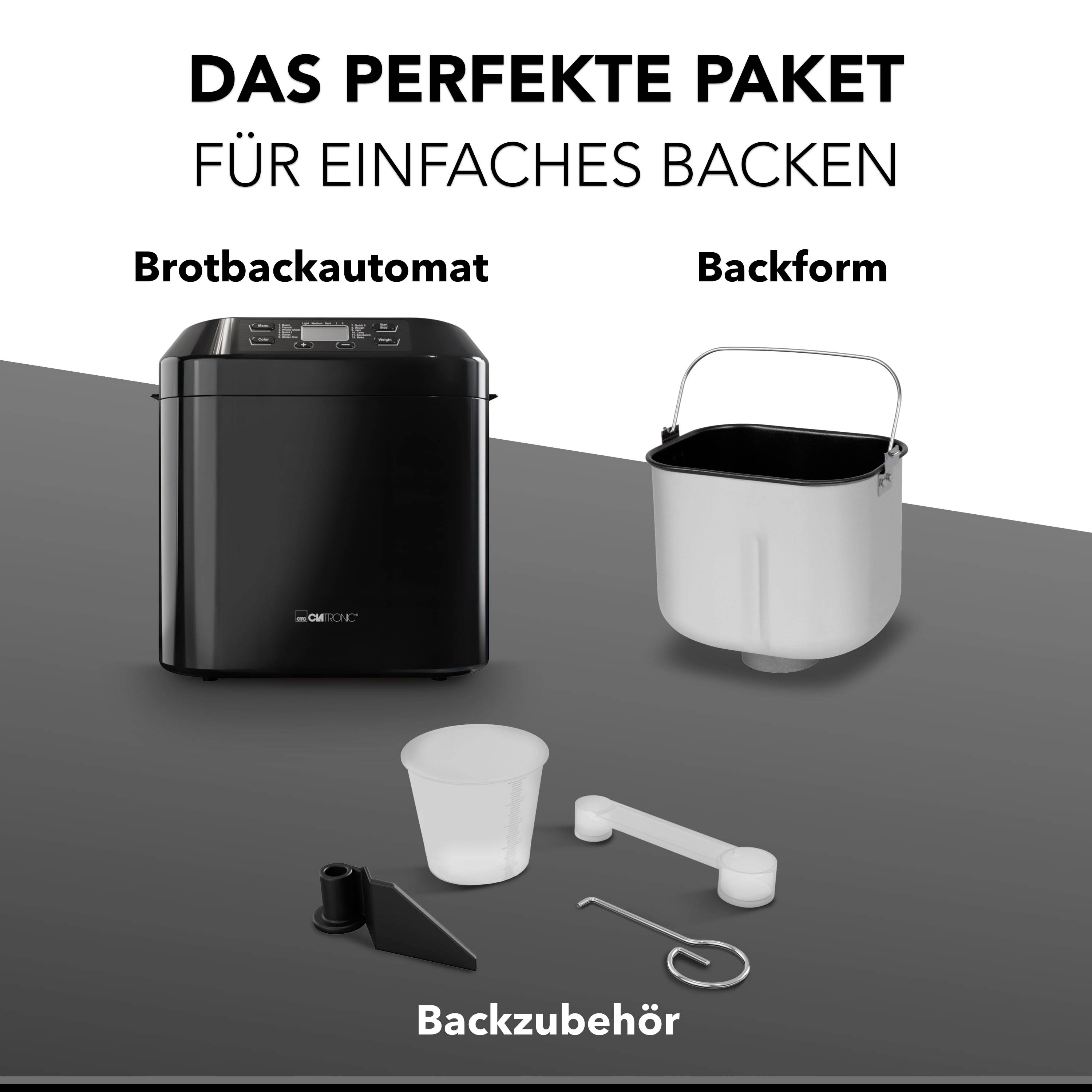 Macchina per il pane con stampo e accessori per la panificazione. Testo: 'Il pacchetto perfetto per una preparazione del pane semplice.'