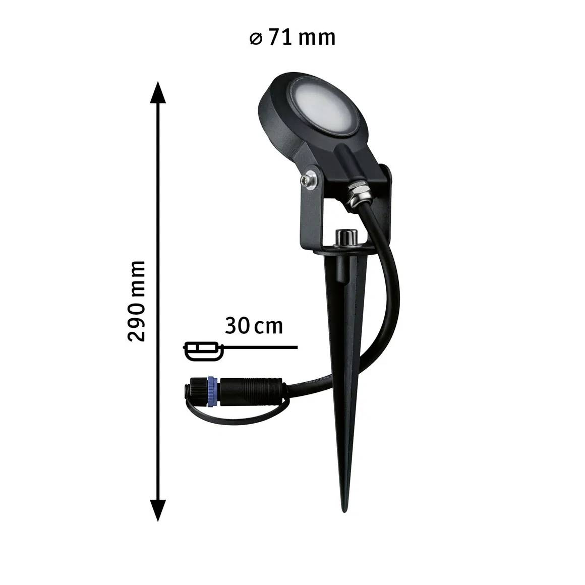 Lampada da esterno con picchetto di terra, lunghezza totale 290 mm, diametro 71 mm, cavo lungo 30 cm. Colore nero, design moderno.