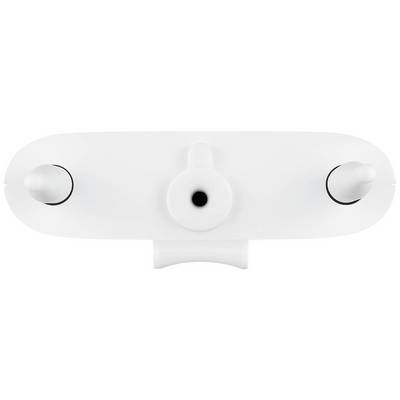 Un supporto di fissaggio bianco con tre aperture rotonde, una al centro e due ai lati, su uno sfondo bianco.