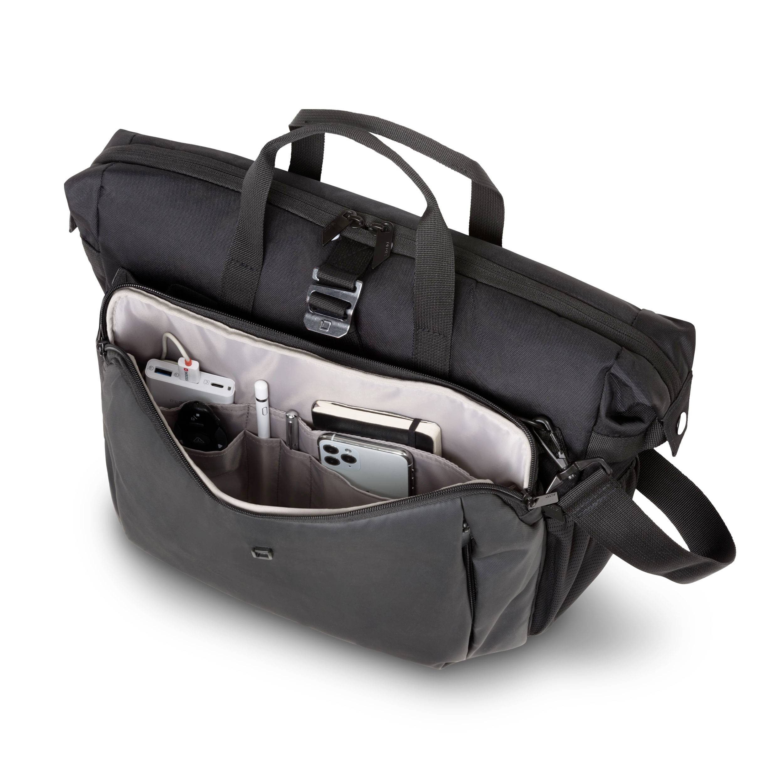 Borsa per laptop nera con scomparto aperto che mostra l'organizzazione di dispositivi e accessori come telefono cellulare e cavo di ricarica. Adatta per uso in ufficio.