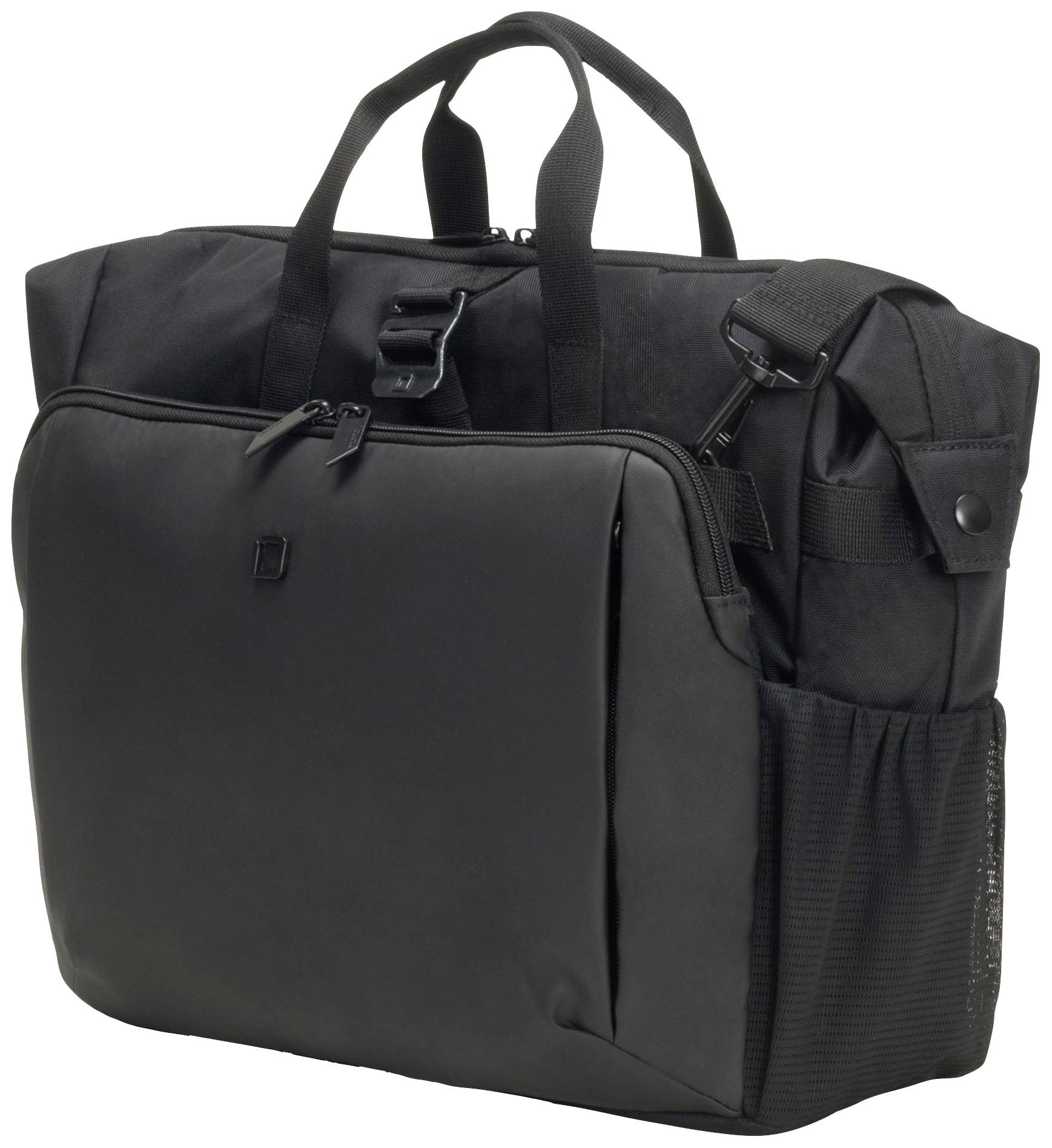 Borsa nera per laptop con più scompartimenti e manici, adatta al trasporto di dispositivi elettronici e accessori.