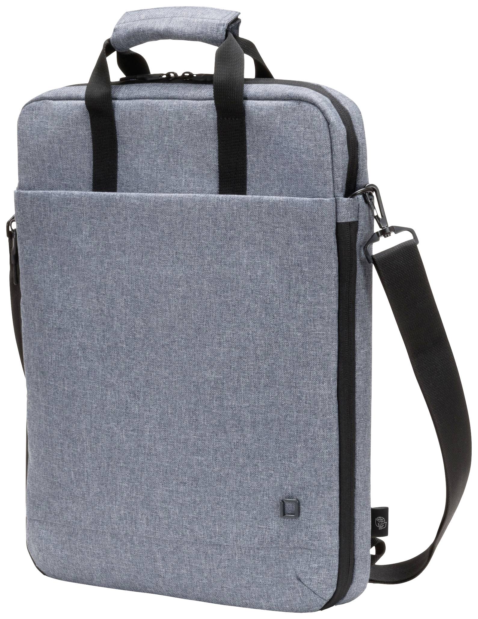 Borsa per laptop grigia con manici e tracolla, con un piccolo scomparto anteriore. Adatta per uso professionale o quotidiano.